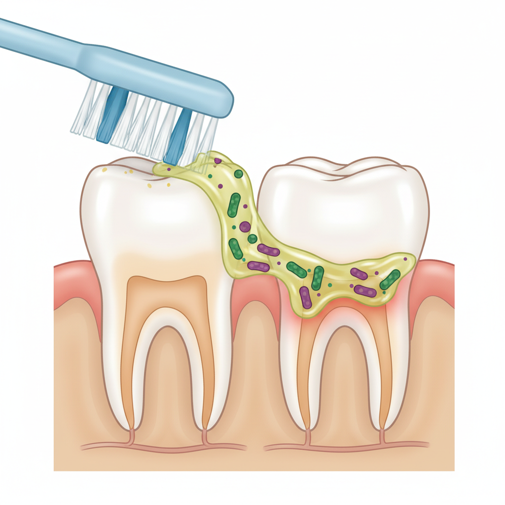 A detailed, anatomically accurate medical illustration showing a zoomed-in cross-section of two adjacent molar teeth. A standard toothbrush head is depicted brushing the outer surface of one tooth, cleaning effectively. However, in the narrow space between the two teeth, a distinct, sticky, yellowish-green biofilm (plaque) is accumulating, with small, abstract bacterial shapes embedded within it. Subtle, shimmering red areas indicate inflammation on the gumline in this interdental region, contrasting with healthy pink gum tissue elsewhere. The overall style is clean, informative, and slightly diagrammatic, emphasizing the hidden dangers.