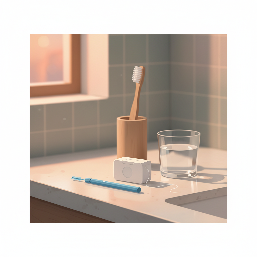 A professional, soft-focus flat illustration depicting a minimalist bathroom countertop at dusk or in soft evening light. The scene features essential oral hygiene tools: an interdental brush and a roll of dental floss are prominently and neatly arranged, possibly beside a glass of water. A standard toothbrush is also visible but slightly out of focus in the background, signaling its secondary role in this specific context. The overall atmosphere should be calming and hygienic, emphasizing a routine of proactive care. Colors are muted and clean, suggesting good health and preparation for a nightly regimen.
