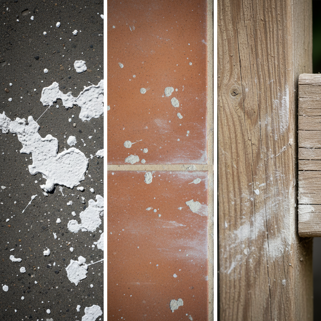 A professional photo showing a close-up of various surfaces visibly marred by hardened cement stains. On the left, a section of a dark grey concrete floor with dried, uneven white cement splatters. In the center, a terracotta tile with smaller, light grey cement drips and haze along the grout lines. On the right, a close-up of a wooden fence post or garden furniture with faint, dried white cement residue. The lighting should highlight the rough texture and unsightly nature of the dried cement against the original surface, conveying a sense of neglect and damage before cleaning.