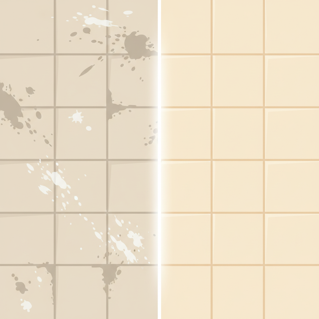 A vibrant, clean flat illustration depicting the before-and-after effect of cement stain removal on an outdoor patio. The image is divided vertically. On the left side, a section of light-colored paving stones is covered with dull, patchy grey cement splatters and streaks, making it look dirty and unkempt. On the right side, the identical section of paving stones is perfectly clean and uniform in color, free of any cement residue, appearing bright and well-maintained. The transition highlights the significant aesthetic improvement and restoration of the surface.