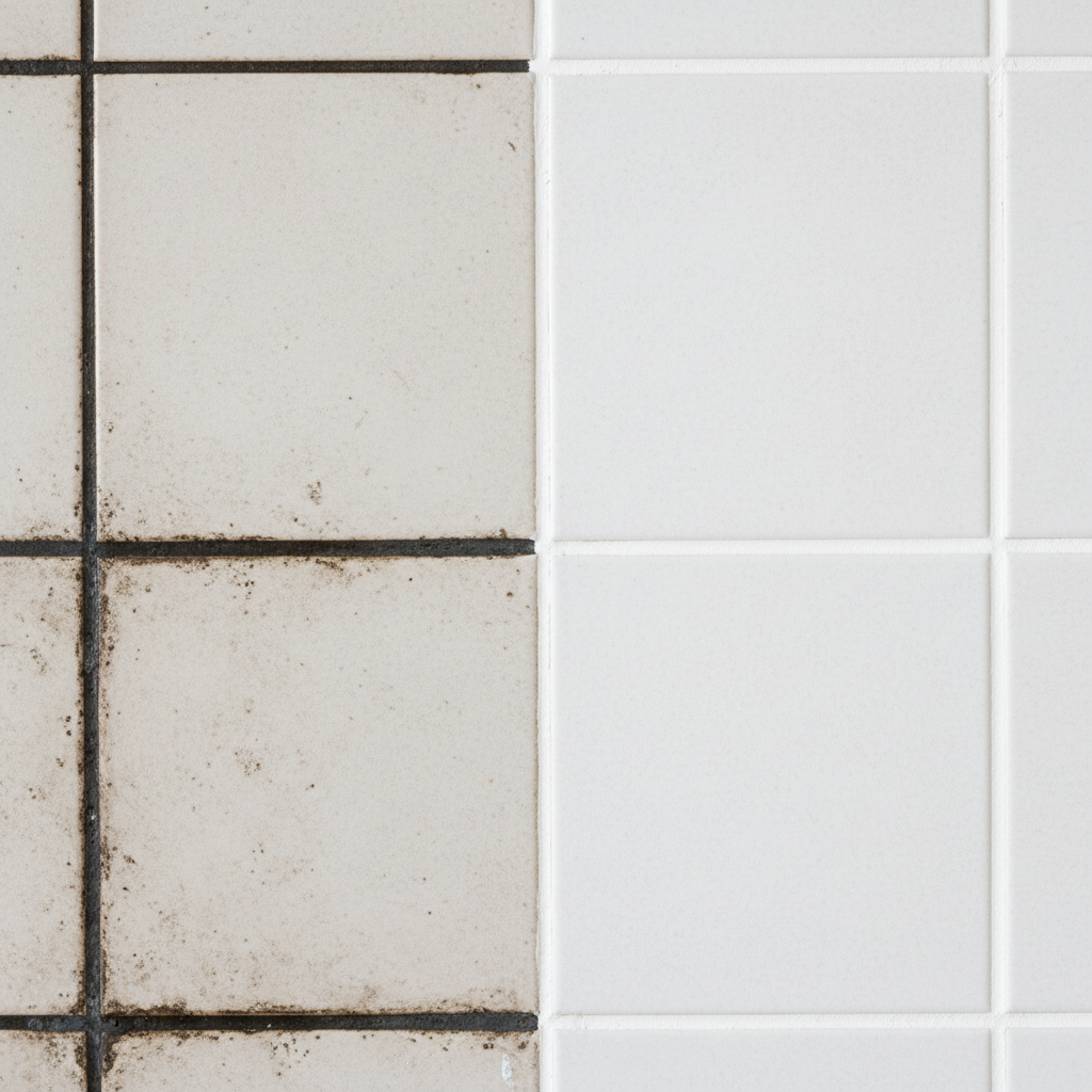 A professional, close-up photo of a tiled surface in a bathroom or kitchen, showcasing a stark visual contrast. One half of the image features light-colored ceramic tiles with heavily stained, dark, and slightly mildewed cement grout lines, clearly showing accumulated dirt and discoloration. The other half displays the exact same tiles but with perfectly clean, bright white or light grey grout, sparkling and looking pristine. The transition between the dirty and clean sections is sharp, emphasizing the cleaning effect. The image should convey freshness and rejuvenation, highlighting the dramatic transformation.
