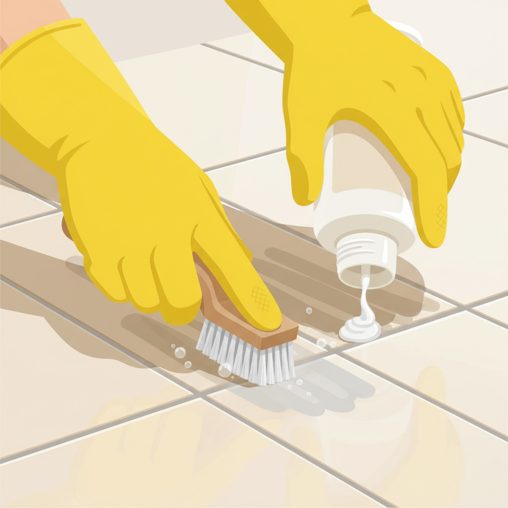 A vibrant, eye-level flat illustration depicting a pair of hands, protected by yellow rubber gloves, actively scrubbing dirty cement grout lines between light-colored bathroom or kitchen tiles. One hand holds a small cleaning brush with stiff bristles, while the other applies a thick, white cleaning paste (like baking soda paste) directly onto the grout. Visible cleaning action around the brush. The surrounding tiles are clean, but the grout under the cleaning action is transforming from dirty brown to light grey/white, implying effectiveness. The background is softly blurred, suggesting a tiled wall or floor.