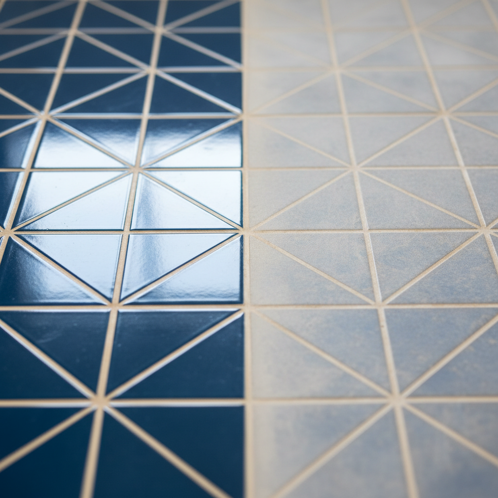 A close-up, eye-level shot of ceramic floor tiles. One half of the image depicts the tiles perfectly clean, glossy, and reflecting light brightly, showcasing their vibrant color. The other half of the image shows the exact same tiles covered in a subtle, milky-white, dull film, clearly obscuring their shine and original color – this represents the Zementschleier. The grout lines in the hazy section should also appear muted and slightly blurred. The contrast should be visually impactful, highlighting the problem. Style: High-quality, professional photo with a shallow depth of field, focusing sharply on the tile surface.