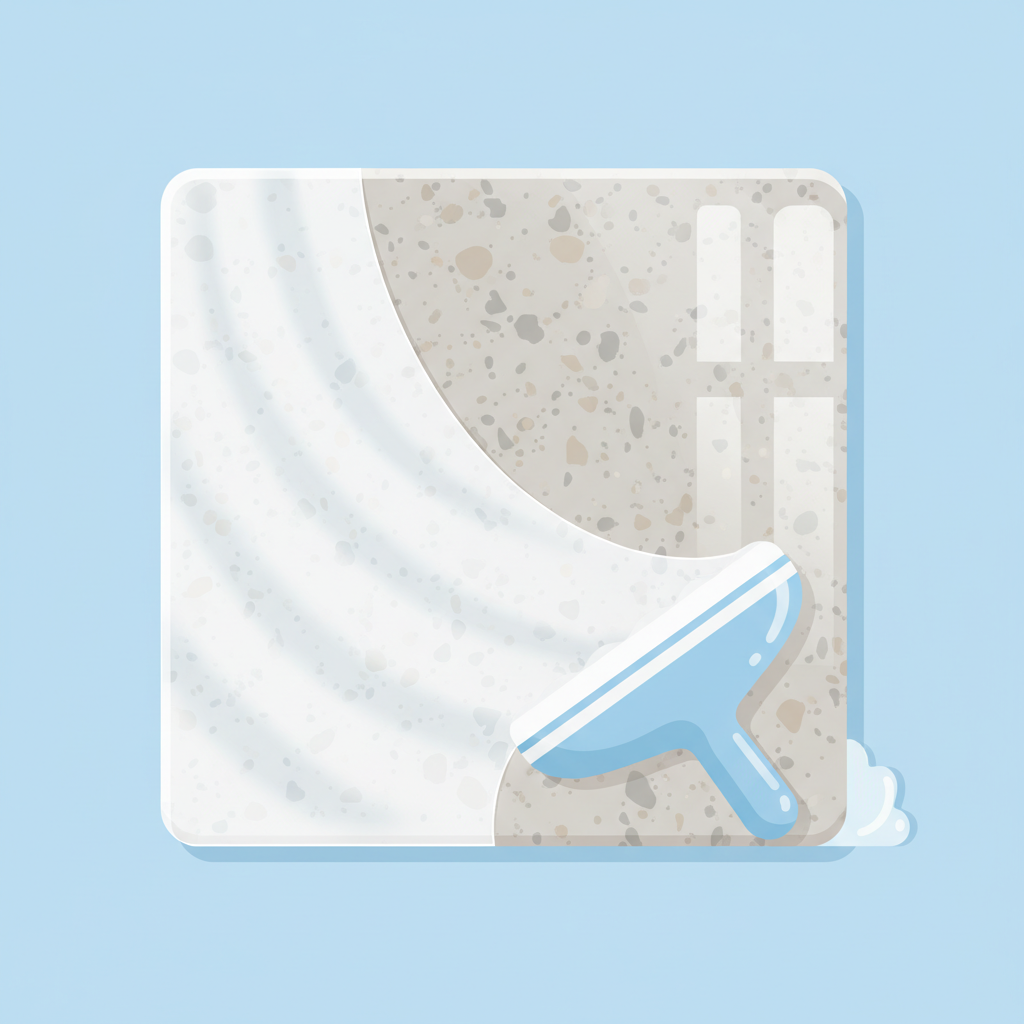 A conceptual flat illustration depicting the process of a thin, milky-white film (representing Zementschleier) being gently lifted or wiped away from a clean, smooth surface. The surface is a stylized tile or a polished natural stone slab, transitioning from dull and covered on one side to shiny and pristine on the other. A simple, abstract cleaning tool, like a stylized sponge or squeegee, is shown actively removing the haze, revealing the immaculate surface beneath. Use a bright, clean color palette with smooth gradients. Style: Flat illustration with a modern, minimalist aesthetic.