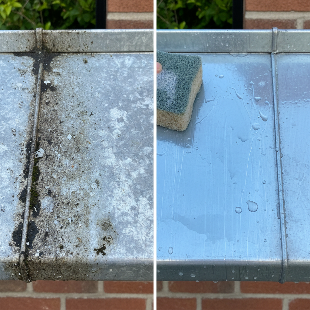 A detailed side-by-side 'before and after' image of a zinc surface. On the left, a section of a zinc rainwater gutter or roof panel is shown with accumulated dirt, dust, dark stains, and a dull, oxidized appearance. On the right, the same section is gleaming with a bright, metallic luster, reflecting light beautifully, showcasing its freshly cleaned and shiny state. A soft, wet sponge or a gentle brush is subtly visible near the transition point, hinting at the cleaning process. The overall atmosphere should be clean and inviting, emphasizing the dramatic improvement. Professional photo style with good lighting.