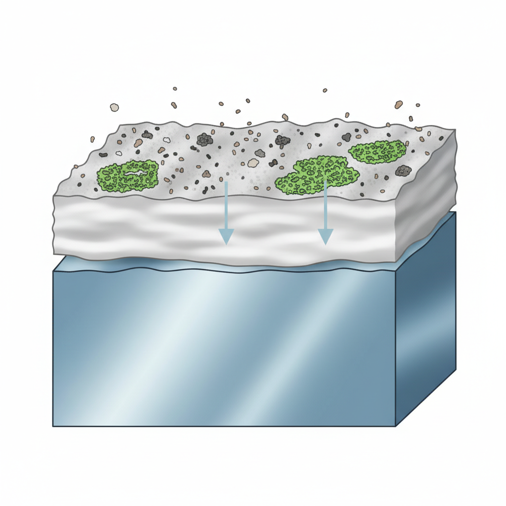An illustrative cross-section of a zinc material surface. The top layer displays various common environmental contaminants like microscopic dust particles, small dark specs representing soot or bird droppings, and a hint of green algae growth, all resting on the surface. Beneath this visible dirt, a distinct, slightly textured greyish-white layer represents the protective zinc carbonate patina. Below the patina, the solid, metallic blue-silver zinc material is clearly visible. The illustration should clearly differentiate these layers, explaining why cleaning is needed without words. Clean, infographic-style illustration with a modern, crisp aesthetic.