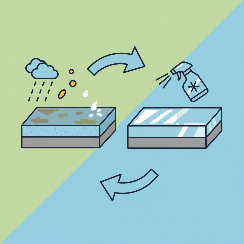 A vibrant flat illustration in an infographic style depicting the lifecycle of a zinc surface. On one side, show a simplified cross-section of a galvanized metal sheet with a steel core and a protective zinc layer. Above it, abstract representations of environmental elements like rain, pollen, and bird droppings are falling onto the surface, causing a dull, dirty appearance. On the other side, a section of the surface is shown clean and shiny, implying the action of a specialized cleaner. The overall composition should clearly convey the protective nature of zinc and the impact of dirt.