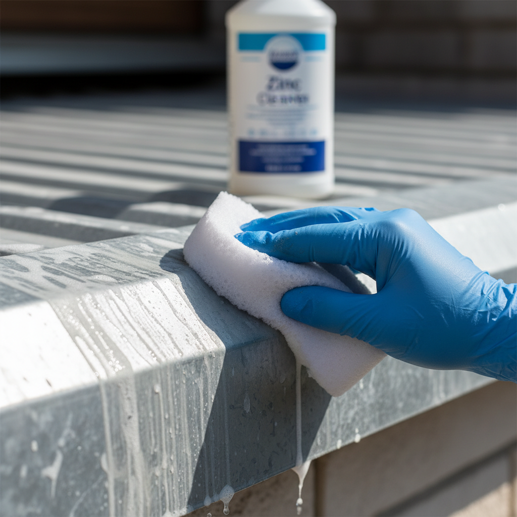 A professional, high-resolution photo showcasing the effective cleaning of a zinc surface. The image captures a close-up of a hand wearing a glove, holding a soft sponge, actively wiping a section of a weathered, slightly dirty zinc gutter or roof element. A generic bottle of zinc cleaner is visible in the background, slightly out of focus. One part of the surface being cleaned should appear significantly brighter and cleaner than the adjacent, still-dirty section, visually emphasizing the cleaner's effectiveness.