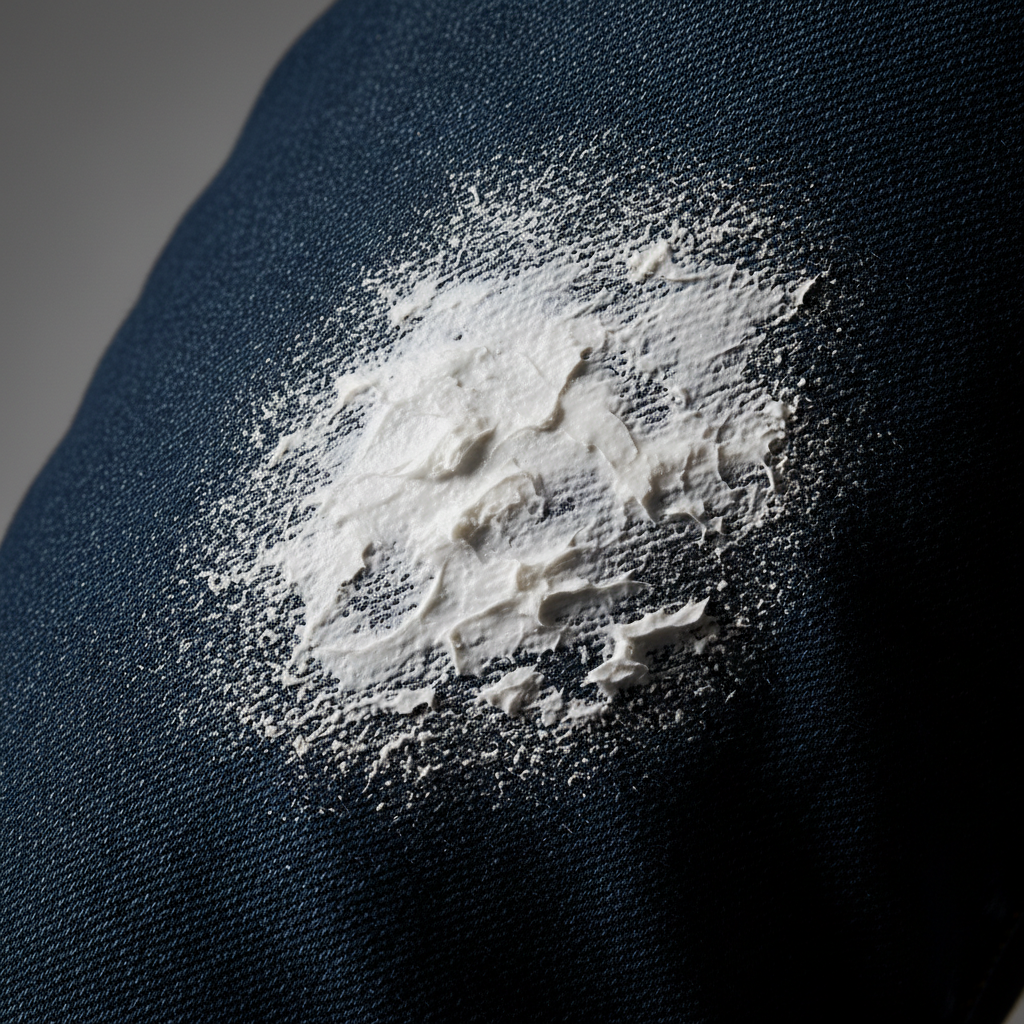 A close-up, professional studio photo of a casual dark blue denim fabric, possibly a pair of jeans. A prominent, thick, white zinc ointment stain is clearly visible on the fabric, adhering stubbornly to the threads. The texture of the denim and the paste-like consistency of the ointment are sharply in focus, highlighting the challenge of removal. The lighting should emphasize the contrast and the difficulty the stain presents, without any person or context other than the stained fabric itself.