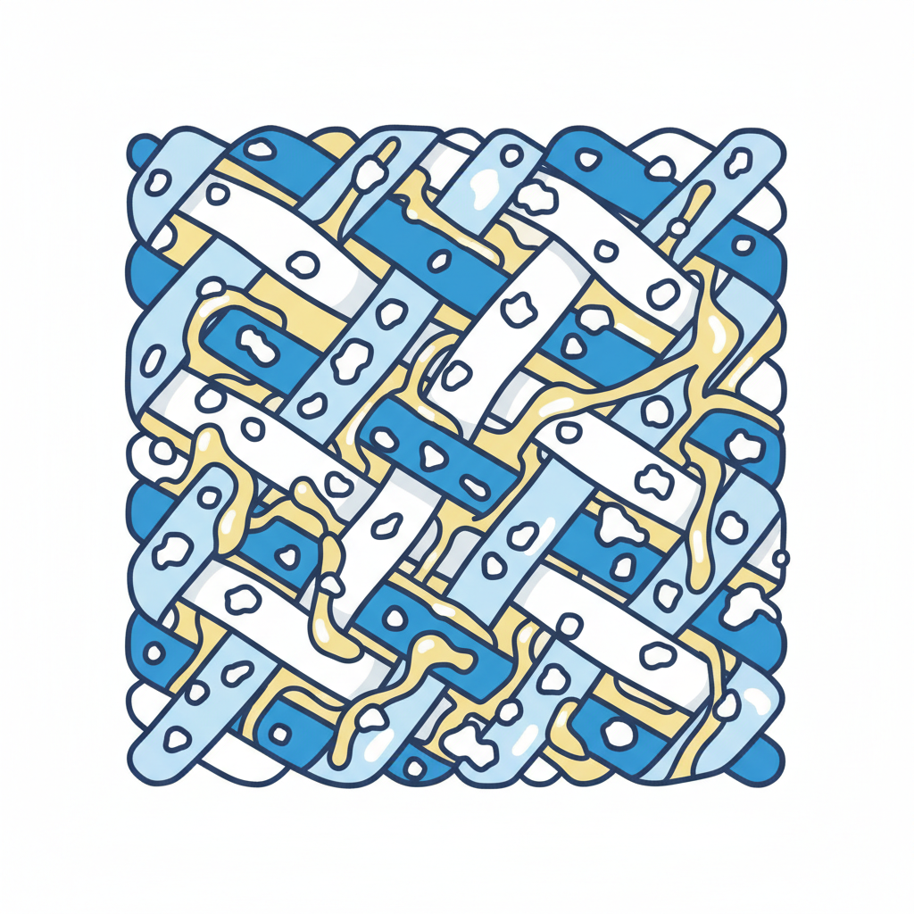 A conceptual flat illustration depicting a cross-section of fabric fibers. Interwoven between the stylized fabric threads are two distinct elements: small, fine white particles representing zinc oxide, and a translucent, slightly oily yellowish substance representing the fatty carrier cream. The cream is shown coating and penetrating the fibers, with the zinc oxide particles embedded within the cream and clinging to the fabric. The overall impression is clean and infographic-like, visually explaining the stain's stubborn composition.