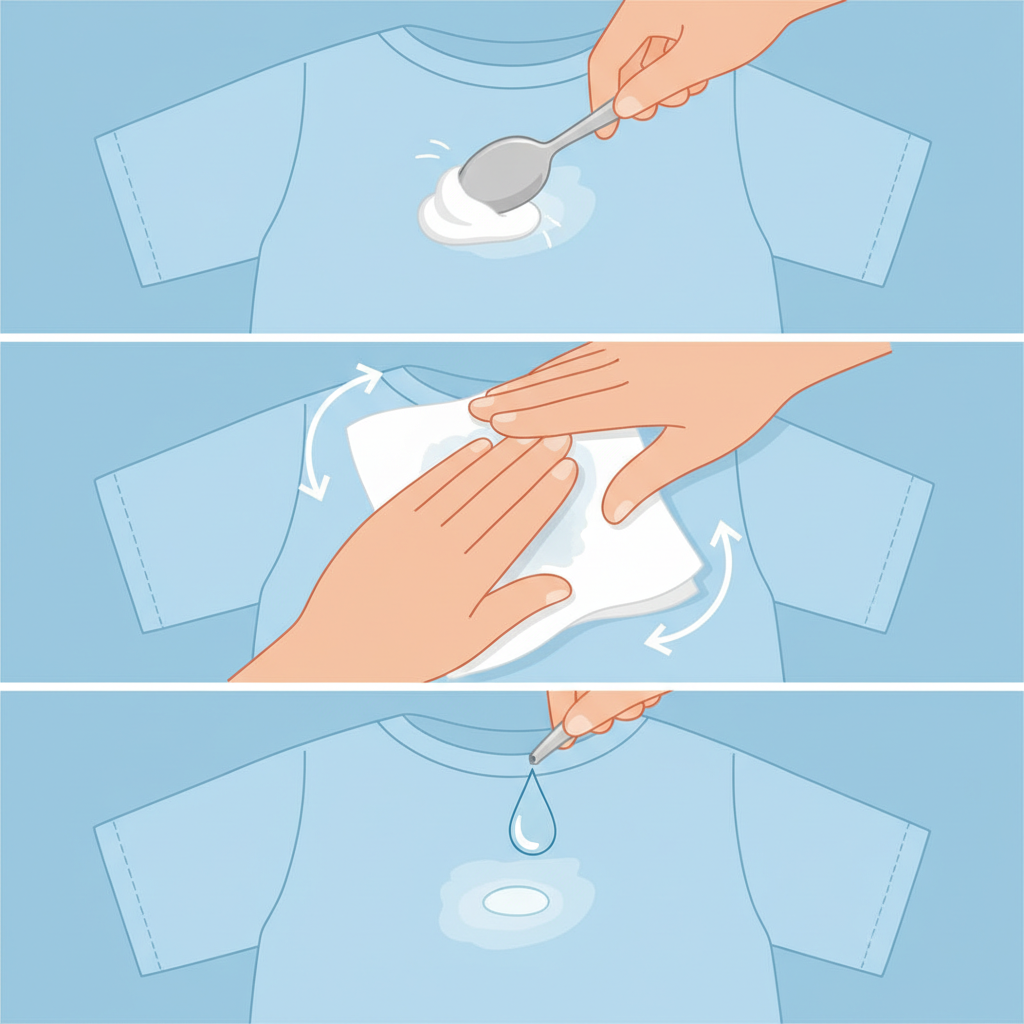 A vibrant, clean flat illustration showing a sequence of steps to treat a fresh zinc ointment stain on a piece of light blue fabric, perhaps a baby onesie or a shirt. The illustration should depict a hand holding a spoon gently scraping off excess white ointment, followed by another hand pressing a white paper towel onto the stain to blot, and finally, a drop of clear dish soap being applied directly onto the remaining white residue on the fabric. The focus is on the action and the contrast between the white ointment and the fabric, emphasizing the practical 'first aid' steps.