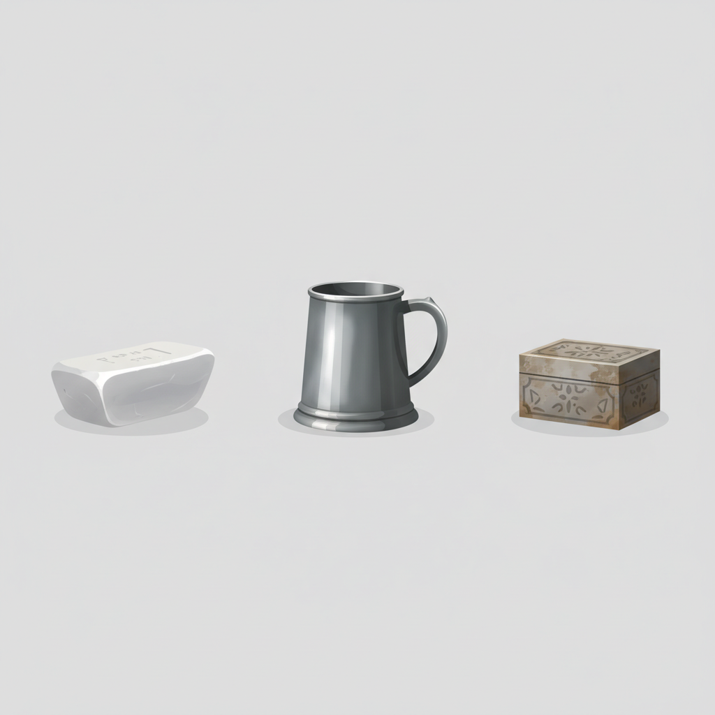 A clean, modern flat illustration depicting a comparative overview of different tin types. On the left, a soft, malleable-looking piece of pure tin (e.g., an ingot or simple sheet) with a subtle matte finish. In the center, a sturdy, polished pewter mug or tankard, showcasing its robust and slightly silvery appearance. On the right, a stylized antique tin artifact, perhaps a small ornate box, displaying a gentle, aged patina. Each object is distinct, visually communicating its unique material properties and appearance relevant to their care. The overall aesthetic is minimalist, focusing on the distinct textures and forms of each tin type against a neutral background.