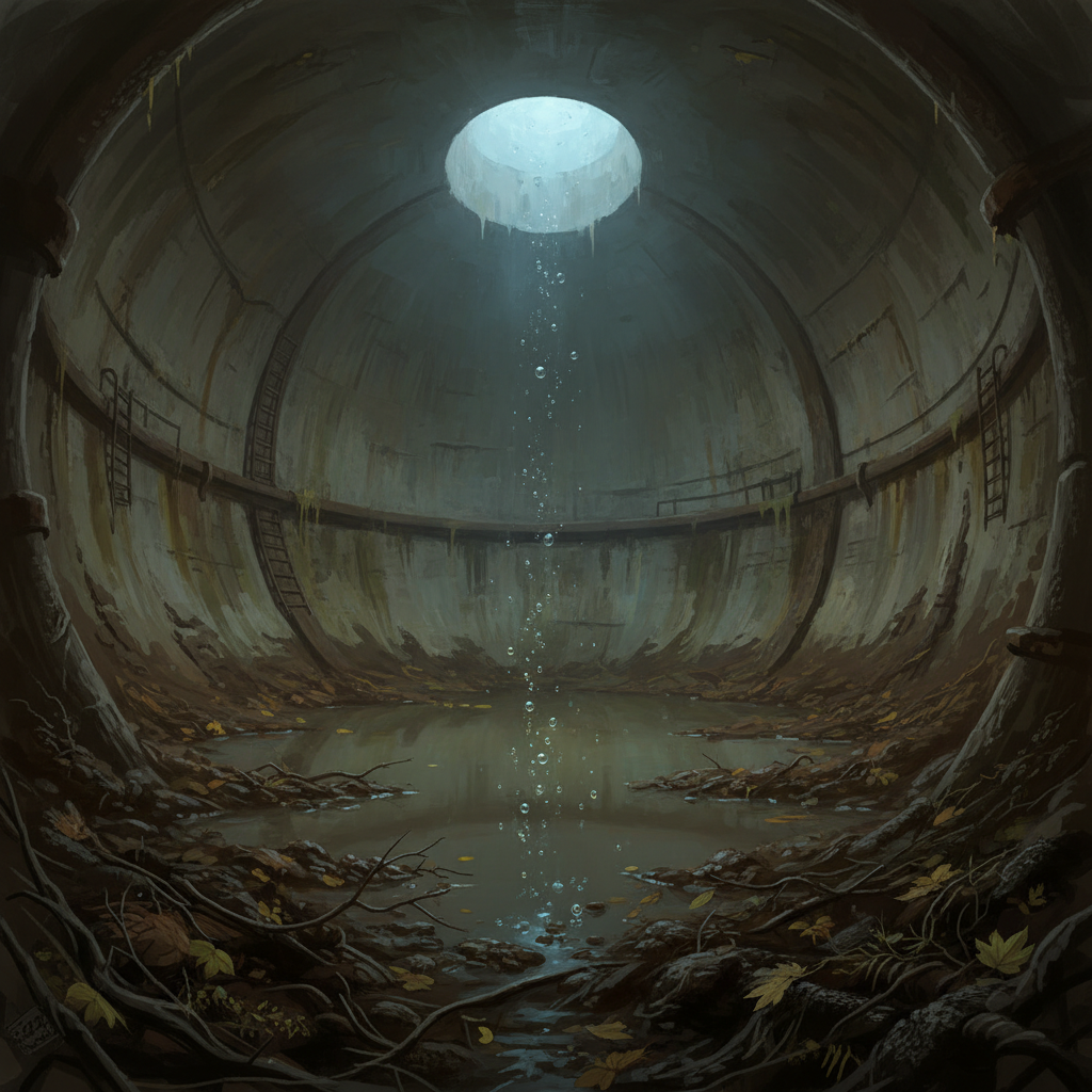 An atmospheric, wide-angle view from inside a large, neglected underground rainwater cistern. The bottom is heavily coated with thick, dark-brown sludge, sediment, and decomposing organic material like leaves and twigs. Murky, stagnant water partially fills the lower section, reflecting very dim, diffused light from a circular opening high above. Subtle visual cues, such as faint, iridescent gas bubbles rising from the sludge, hint at unseen dangers and decay. The walls are stained and show signs of mineral deposits. Realistic digital painting with a slightly eerie, foreboding mood.