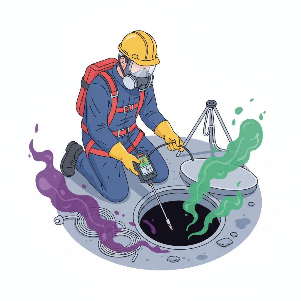 A professional, top-down perspective of a person preparing to clean a cistern. The person is fully equipped with safety gear: a hard hat, protective eyewear, respirator/gas mask, work gloves, and a safety harness. They are carefully holding and lowering a handheld gas detection device with a probe into the dark, circular opening of an underground cistern. Surrounding the cistern's opening, faint, translucent, swirling cloud-like visual elements in shades of purple and green subtly represent unseen hazardous gases (e.g., methane, hydrogen sulfide). Modern, detailed flat illustration style with a focus on safety and contrasting elements.