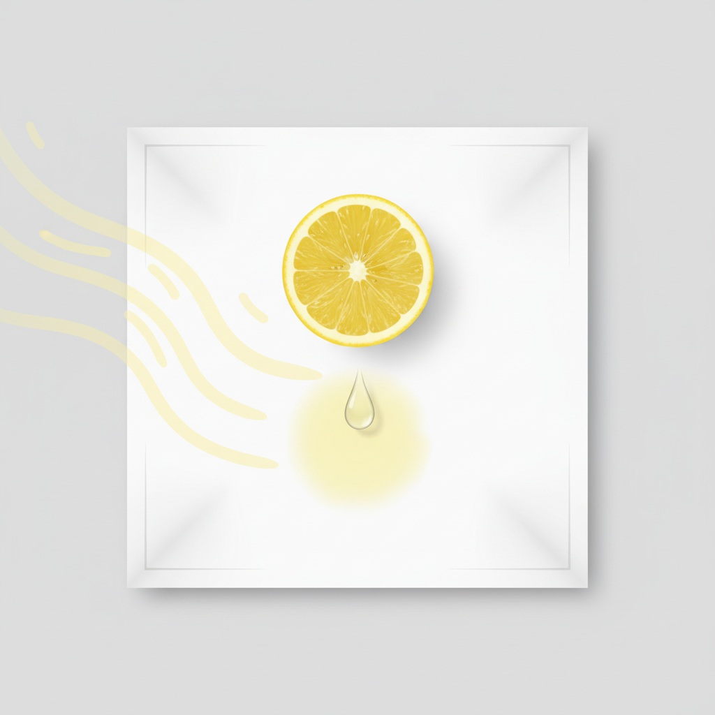A clean, white t-shirt or fabric swatch is laid flat, featuring a distinct, pale yellow, somewhat translucent stain shaped like a spilled lemon drop. Above the fabric, a sliced lemon half hovers, with a single, clear drop of juice visually depicted as having just landed on the fabric to create the stain. Abstract, stylized rays of soft yellow light are emanating from an upper corner, subtly illuminating the stained area to symbolize UV radiation. The overall style is a clean, modern infographic illustration, emphasizing the chemical interaction and the problem of discoloration on light textiles.