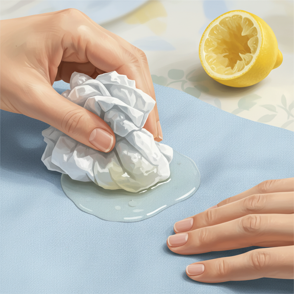 A close-up, dynamic shot showing a pair of hands gently dabbing a fresh lemon juice spill on a light-colored fabric, possibly denim or cotton. One hand holds a crumpled, clean white paper towel or a small, absorbent cloth, carefully pressing it onto the wet, clear puddle of lemon juice on the fabric. The liquid is visibly being absorbed into the cloth. A discarded, squeezed lemon half is subtly visible in the soft-focus background, indicating the source of the spill. The style is a detailed, realistic illustration with soft lighting, conveying a sense of immediate, gentle action and cleanliness.