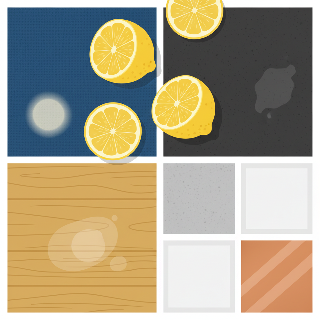 A vibrant, flat illustration depicting a problematic lemon stain scenario. A halved lemon and scattered lemon slices are positioned on a stylized array of different material swatches. One swatch, representing a blue cotton fabric, shows a distinct, lighter yellowed or bleached circular spot where lemon juice has dripped. Another swatch, a light wooden surface, exhibits a faint, dull discoloration. A third swatch, a piece of dark plastic, has a subtly eroded or matte patch. The overall scene clearly conveys the damage caused by lemon juice on various common household surfaces.