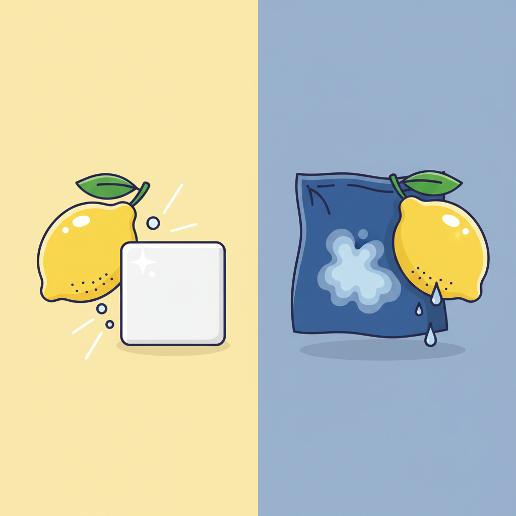 A clean, infographic-style illustration contrasting the paradoxical effects of lemon acid. The image is conceptually divided. On one side, a bright yellow lemon is placed near a gleaming, sparkling white surface (like a clean countertop or ceramic tile), conveying its cleaning properties. On the opposite side, the same type of lemon is shown near a crumpled piece of vibrant red or blue fabric, which clearly displays a faded, lighter stain spot where the lemon juice has caused discoloration. This visual juxtaposition highlights how lemon can both clean and stain, depending on the context.