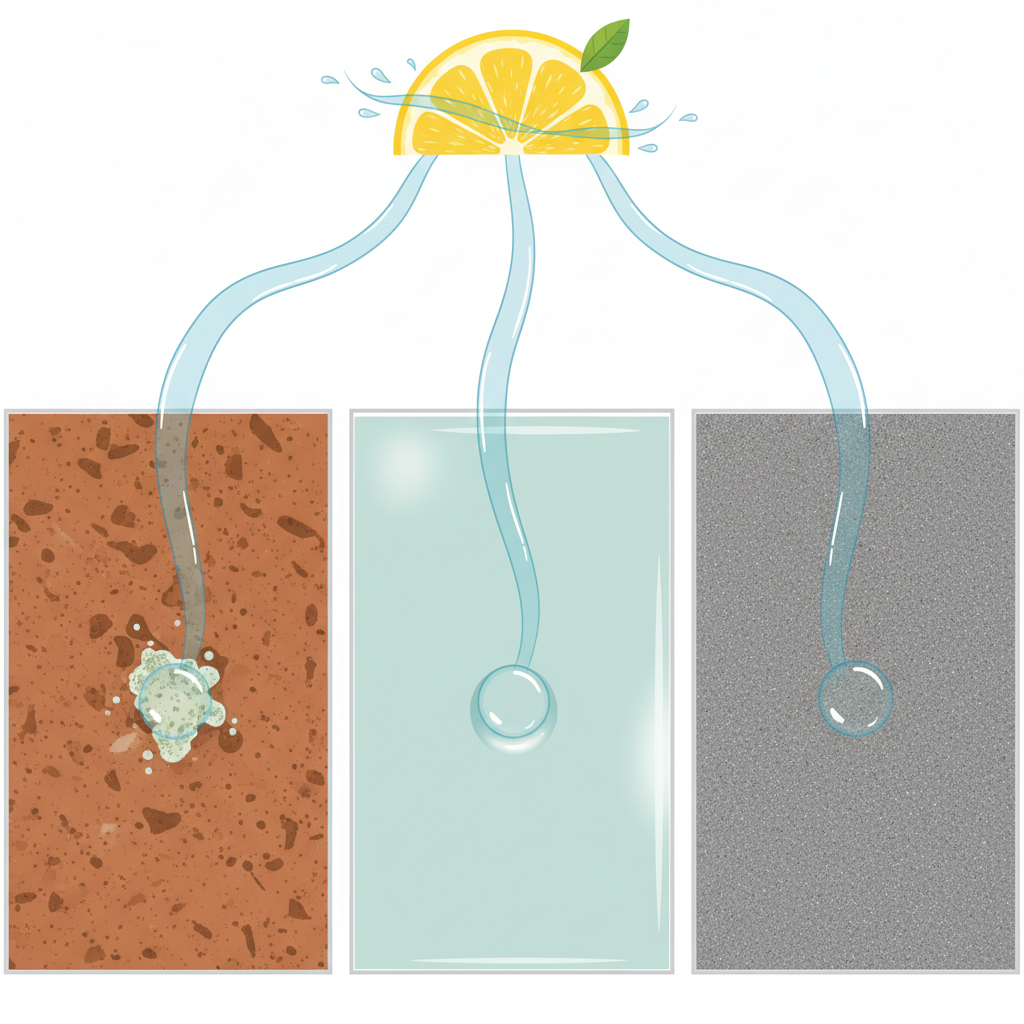 A side-by-side diagrammatic illustration showing three different tile types reacting to an acidic liquid. On the left, a porous unglazed natural stone tile (e.g., terracotta), with a drop of liquid visibly corroding or dulling its surface, showing small texture changes and slight discoloration. In the center, a glazed ceramic tile, where the liquid sits on the intact glossy surface with minimal or no effect, perhaps a subtle temporary sheen. On the right, a dense porcelain stoneware tile, completely unaffected, with the liquid beading cleanly. The liquid emanates from a subtle, abstract representation of citric acid, like a stylized lemon slice above. Use a clean, infographic style with clear distinctions between the materials and their reactions.