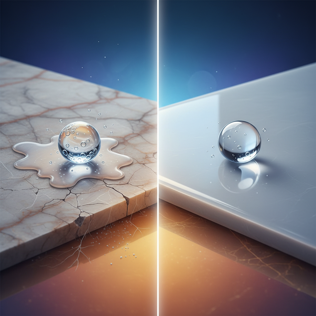 A highly detailed close-up, microscopic-style illustration comparing two tile surfaces under the effect of citric acid. On the left, a magnified section of a veined natural stone tile (like marble), showing an etched, dull, and slightly rough patch where a stylized drop of acid has made contact. The texture beneath the drop appears visibly damaged or dissolved, highlighting its vulnerability. On the right, a magnified section of a glossy, smooth glazed tile, where a similar acid drop rests on the intact, reflective surface without causing any visible damage. The illustration should emphasize the textural differences and the protective barrier of the glaze. Realistic digital painting style with an emphasis on surface detail and micro-textures.