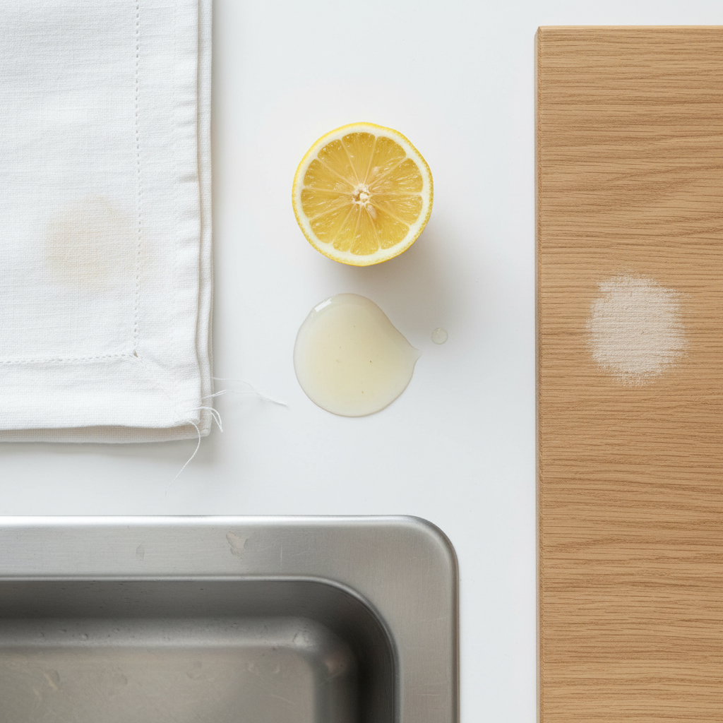 An overhead, professional photo depicting various household surfaces marred by subtle citric acid stains. A freshly cut lemon is placed near a small, spilled puddle of clear liquid, creating distinct damage marks. Show a section of a delicate fabric (like a linen tablecloth) with a faint, bleached patch, a small area of polished metal (e.g., a stainless steel sink edge) with a dull, etched spot, and a piece of light-colored, unlacquered wood displaying a slightly raised, lighter discolored area. The overall scene should be clean, highlighting the contrast between the pristine material and the acid-induced blemish, emphasizing the problem before removal.