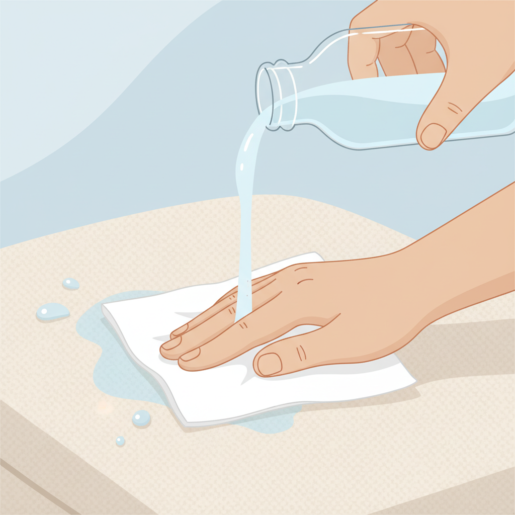 A vibrant, clean flat illustration showing a hand gently dabbing a fresh spill on a light-colored, absorbent textile, such as a white cotton shirt or a sofa cushion. The hand holds a clean, white paper towel, pressing it lightly onto a translucent liquid stain. Nearby, a clear stream of water is depicted, either being carefully poured onto the stain from a simple bottle or shown as droplets on the fabric, signifying the rinsing step. The focus is on the careful blotting motion, preventing rubbing, with a soft, minimalist background.