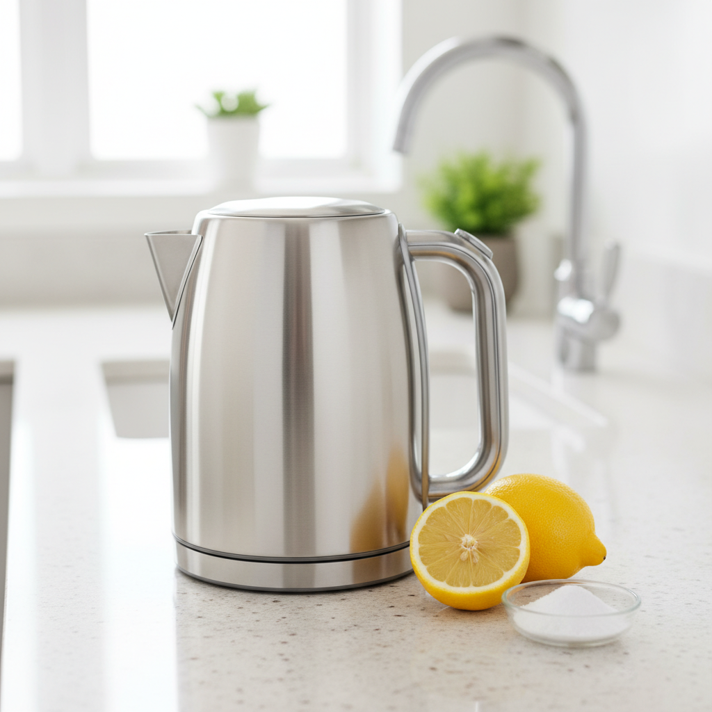 A professional, vibrant photo showcasing a clean kitchen environment. In the foreground, a gleaming, polished stainless steel electric kettle stands next to a perfectly halved fresh lemon. Beside the lemon, a small, elegant mound of white crystalline powder, symbolizing citric acid, is artfully arranged. The background features a subtly blurred but visibly sparkling clean kitchen sink faucet, hinting at the acid's cleaning power without showing explicit 'before' state on the faucet itself. The overall image should evoke freshness, natural cleanliness, and efficiency, utilizing bright, natural lighting.