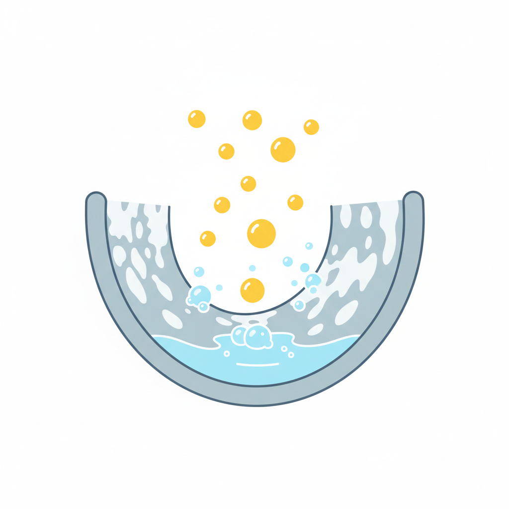 A clean and modern flat illustration depicting the effective removal of limescale. The scene shows a cross-section of a surface, perhaps inside a kettle or pipe, encrusted with stylized, chalky white limescale deposits. From the top, abstract, stylized yellow 'citric acid' particles descend and interact with the limescale. Upon contact, the limescale visually breaks down into small, effervescent bubbles and dissolves into a clear liquid, illustrating the chemical reaction. The color palette should be fresh, utilizing cool blues for the water/liquid, white for limescale, and bright yellows for the acid, conveying a sense of active cleaning and transformation.