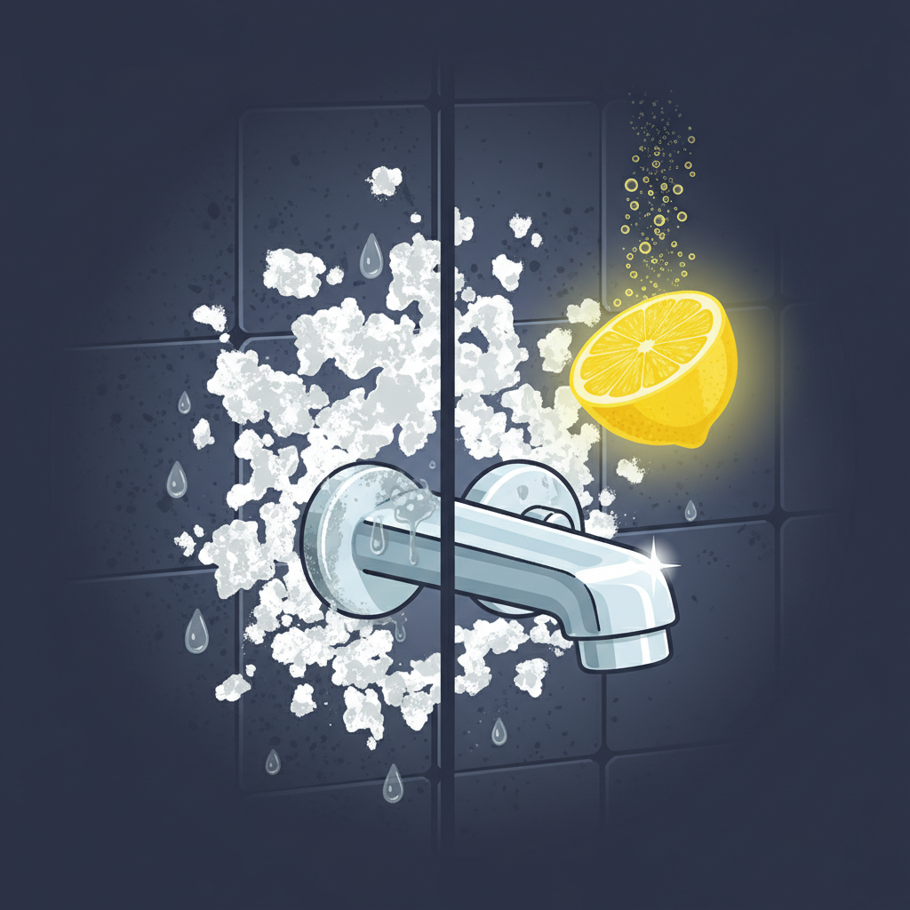 An engaging infographic-style illustration contrasting the effectiveness of citric acid against lime scale. The image is split horizontally or vertically. On one side, a visible patch of white, crusty lime scale adheres to a dark surface (e.g., a shower tile or faucet). On the other side, the same area is now sparkling clean and smooth. A vibrant yellow lemon slice, releasing a subtle, effervescent glow or tiny bubbles, is positioned near the clean side, visually representing the natural cleaning agent at work. The focus is on the clear before-and-after transformation.