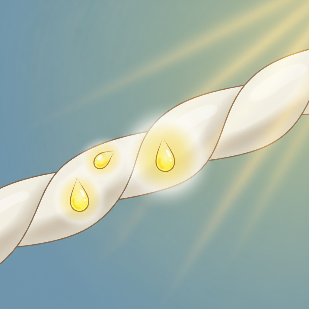 A close-up, stylized scientific illustration showing a cross-section of a fabric fiber (e.g., cotton). Small, vibrant yellow lemon juice droplets, depicted with a subtle acidic glow, are visibly penetrating the fiber's surface. Adjacent areas of the fiber show a gentle lightening or discoloration, visually representing the chemical reaction. Soft, warm light rays are delicately falling onto the scene, emphasizing the role of sunlight in fixing the discoloration. The illustration should use clean lines, soft gradients, and a modern, informative aesthetic to convey the scientific process without being overly technical.