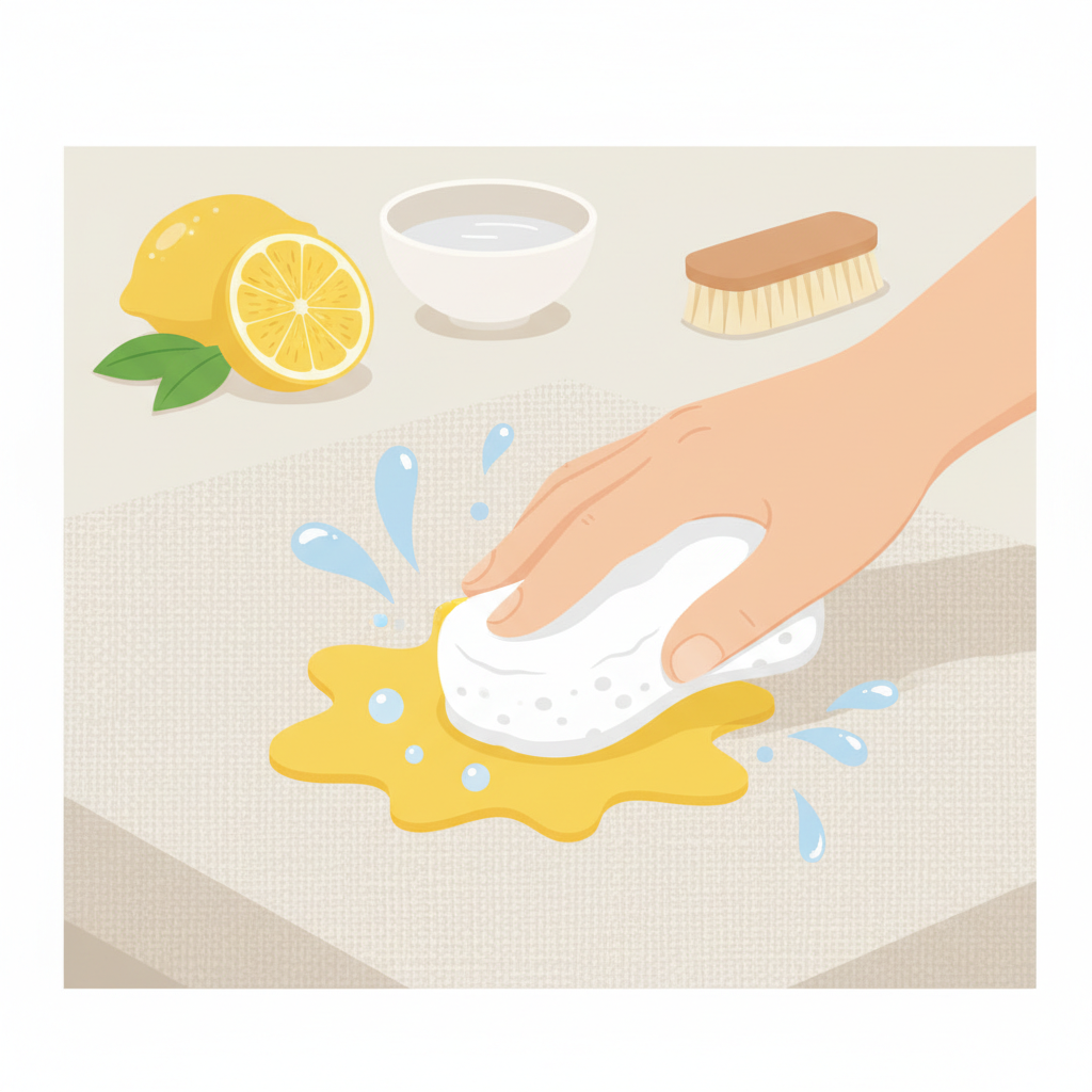 A vibrant, clean flat illustration depicting a common household scenario of a lemon juice stain being treated. A bright yellow lemon juice splash is visible on a light-colored fabric surface, like a tablecloth or shirt. A gender-neutral hand, reaching into the frame, is gently dabbing the stained area with a white cloth or sponge. Small, stylized water droplets or a mild cleaning solution are subtly shown in action around the stain. In the background, artfully arranged elements like a fresh lemon, a small bowl, and a soft brush hint at natural household remedies. The overall style should be optimistic and practical, suggesting easy solutions.