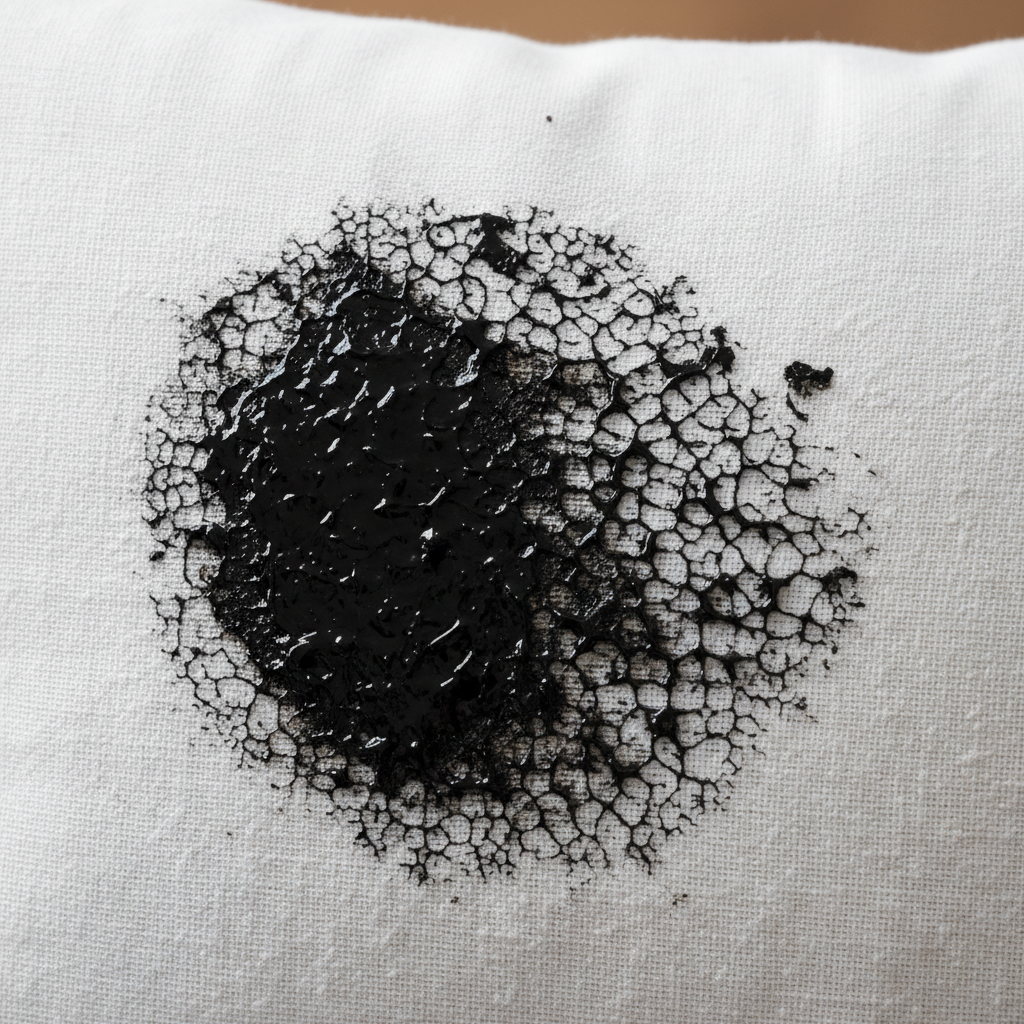 A close-up, dramatic professional photo of a dark, tar-like Zugsalbe stain deeply embedded in the fibers of a light-colored textile, such as a white cotton t-shirt or a sofa cushion. The stain appears oily, viscous, and challenging, with its dark pigments sharply contrasting against the clean fabric. The texture of the fabric should be clearly visible, showing how the stubborn substance has permeated the threads. Soft, focused lighting should emphasize the depth and difficulty of the stain, without any distracting elements in the background.
