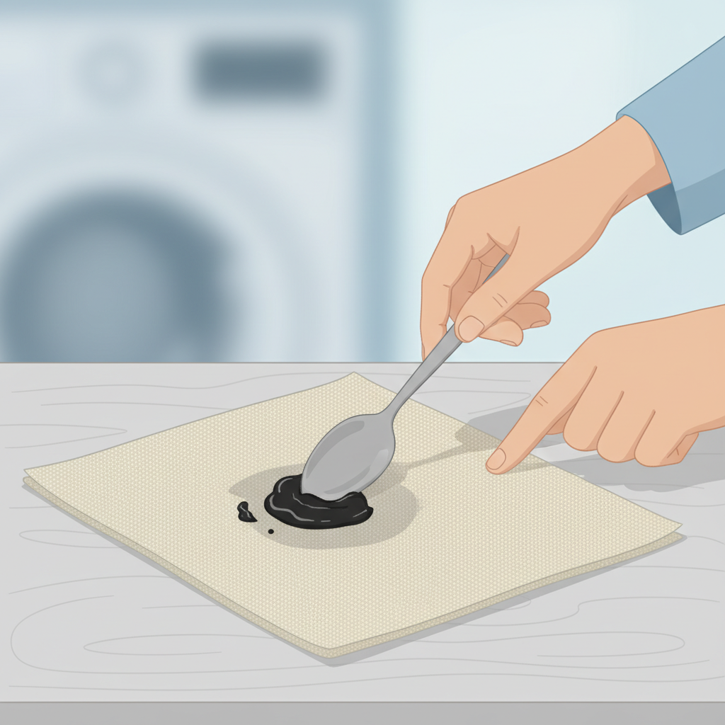 A vibrant, clean flat illustration depicting the initial pre-treatment step of stain removal. A pair of hands, with short sleeves, are carefully using the edge of a clean, plain spoon to gently scrape off excess dark, thick Zugsalbe from the surface of a light-colored piece of fabric. A small, subtle mound of scraped Zugsalbe accumulates next to the remaining, less prominent stain on the textile. The scene is bright and well-lit, focusing on the action and the materials involved, with a simple, uncluttered background suggesting a domestic setting.