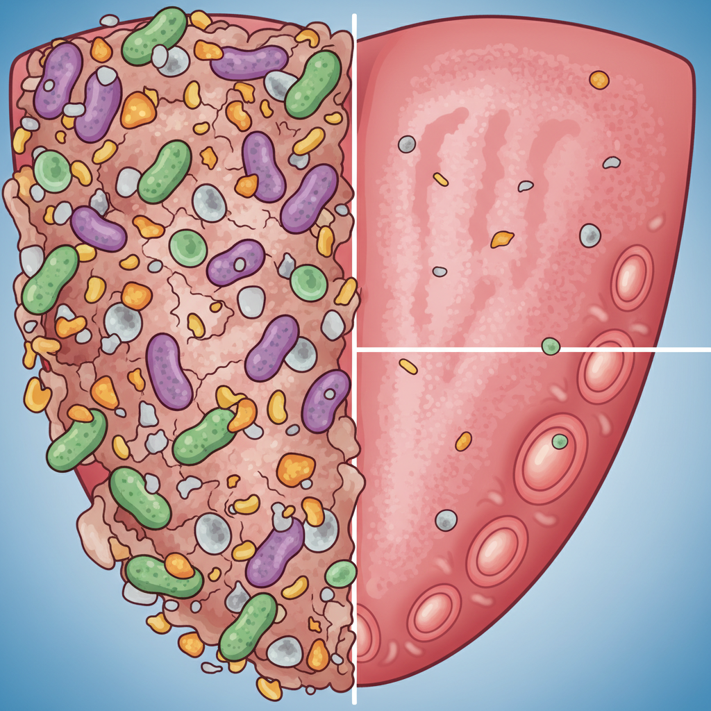 A detailed close-up illustration of the human tongue's surface, showcasing its papillae under high magnification. On one side, depict a dense layer of stylized, microscopic bacteria, tiny food particles, and dead cells trapped within the rough texture of the papillae, creating a visible coating. On the other side, show the same papillae appearing much cleaner and clearer, with only minimal, sparse particles, representing the effect of thorough cleaning. The style should be a modern, clean scientific illustration with clear contrasts between the 'unclean' and 'clean' states, using a vibrant color palette.