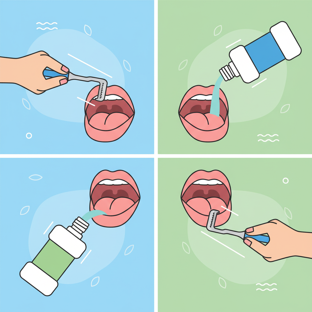 A split-panel flat illustration visually comparing two distinct sequences of oral hygiene steps. On the left panel, illustrate a hand holding a tongue scraper moving towards a stylized open mouth, followed by a bottle of mouthwash pouring liquid into the same mouth. On the right panel, depict a bottle of mouthwash pouring liquid into a stylized open mouth, followed by a hand holding a tongue scraper moving towards the mouth. The overall scene should convey freshness and proper dental care, using bright, clean colors and a minimalist, diagrammatic aesthetic without any explicit arrows or numbered steps.