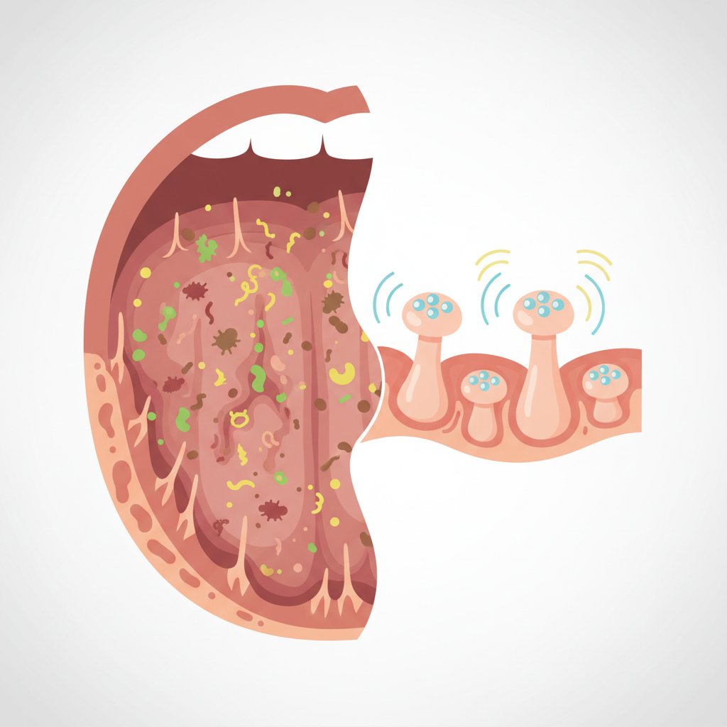 A vibrant, detailed vector illustration focusing on a magnified close-up of a human tongue's surface. Show stylized papillae with tiny, abstract representations of bacteria and food particles trapped within their crevices, emphasizing how the tongue becomes a 'hotspot' for debris. In another section of the same illustration, or subtly integrated, depict clear papillae with exposed taste buds, conveying a sense of improved taste perception. The style should be clean and informative, like an anatomical diagram but with a friendly, modern illustration aesthetic, highlighting both the problem and a subtle hint of the solution.