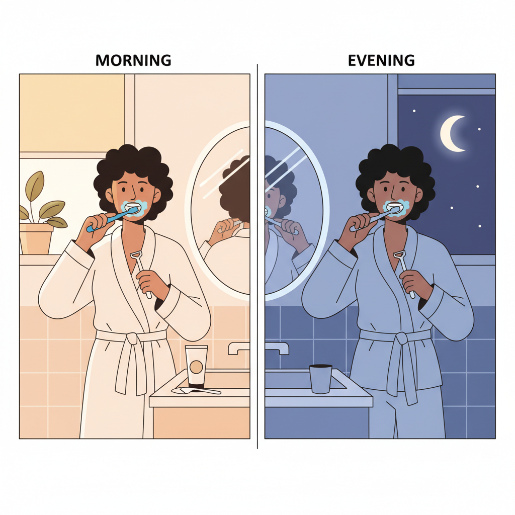 A vibrant, clean flat illustration depicting a person's daily routine centered around oral hygiene. The image should be clearly segmented into two parts: a morning scene and an evening scene. In the morning segment, a person (gender-neutral) is depicted in a bright bathroom setting, brushing their teeth and using a tongue scraper or brush, with subtle hints of sunrise or morning light. The evening segment shows the same person in a more relaxed, evening bathroom setting, performing the same oral hygiene steps, with subtle hints of moonlight or nighttime. The focus should be on the distinct times of day and the consistent action of tongue cleaning.