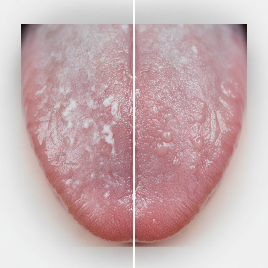 A high-resolution macro professional photo depicting a 'before and after' comparison of a human tongue. The left side shows a tongue covered in a subtle, off-white coating, subtly hinting at bacteria and food debris nestled between papillae. The right side displays a clean, pink, and healthy tongue with clearly visible papillae. The overall aesthetic should be clean, scientific yet appealing, emphasizing the visual difference between an uncleaned and a cleaned tongue, highlighting improved hygiene without being unpleasant.