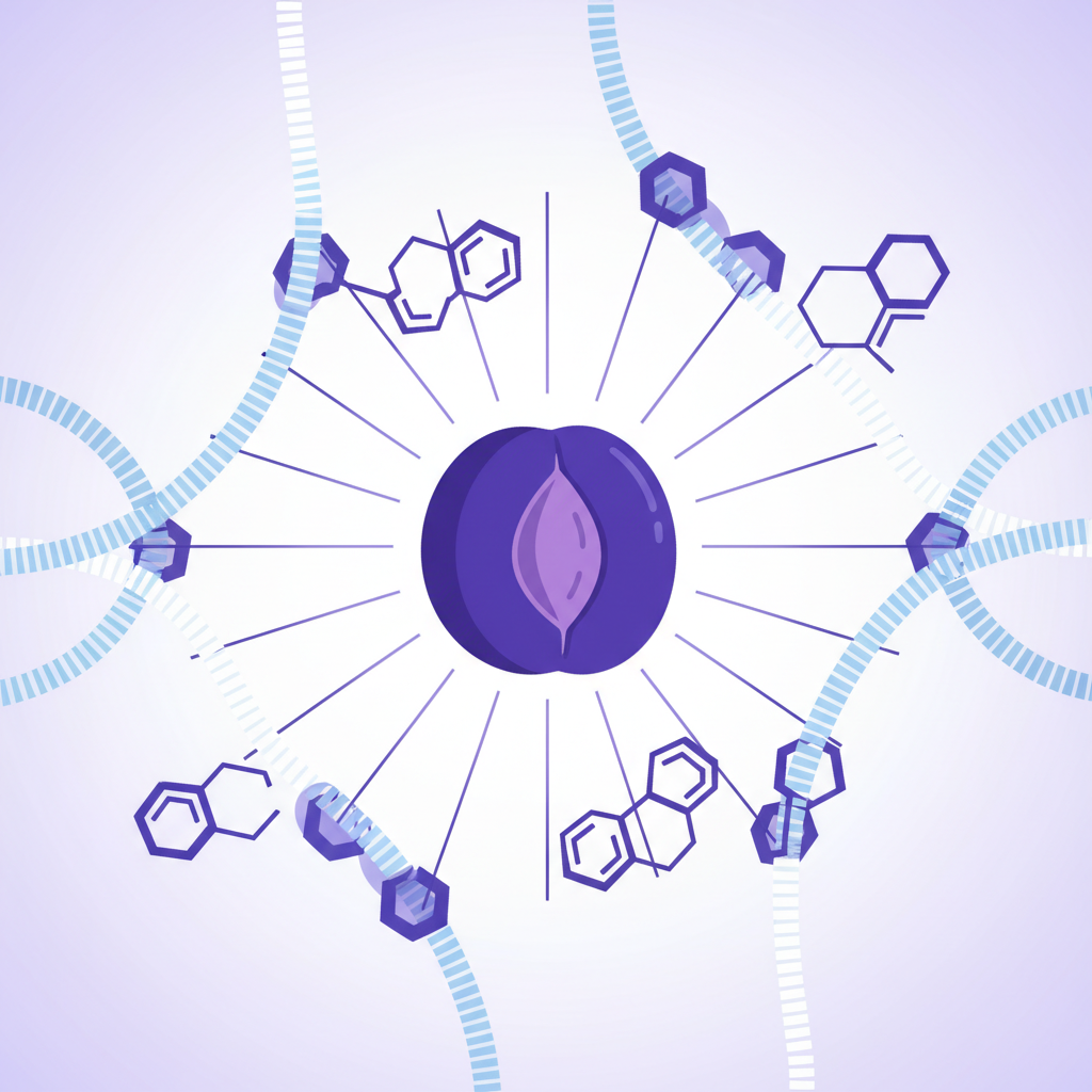 A vibrant, stylized flat illustration depicting the science behind stubborn plum stains. The central focus is a cross-section of a deep purple plum, radiating out towards simplified chemical structures representing anthocyanin molecules. These molecules are shown interweaving and clinging firmly to magnified, intertwined fabric threads, visually emphasizing their binding nature. The overall composition should be clean and informative, using a palette of purples, blues, and whites, suitable for a blog post explaining the persistence of the stains.