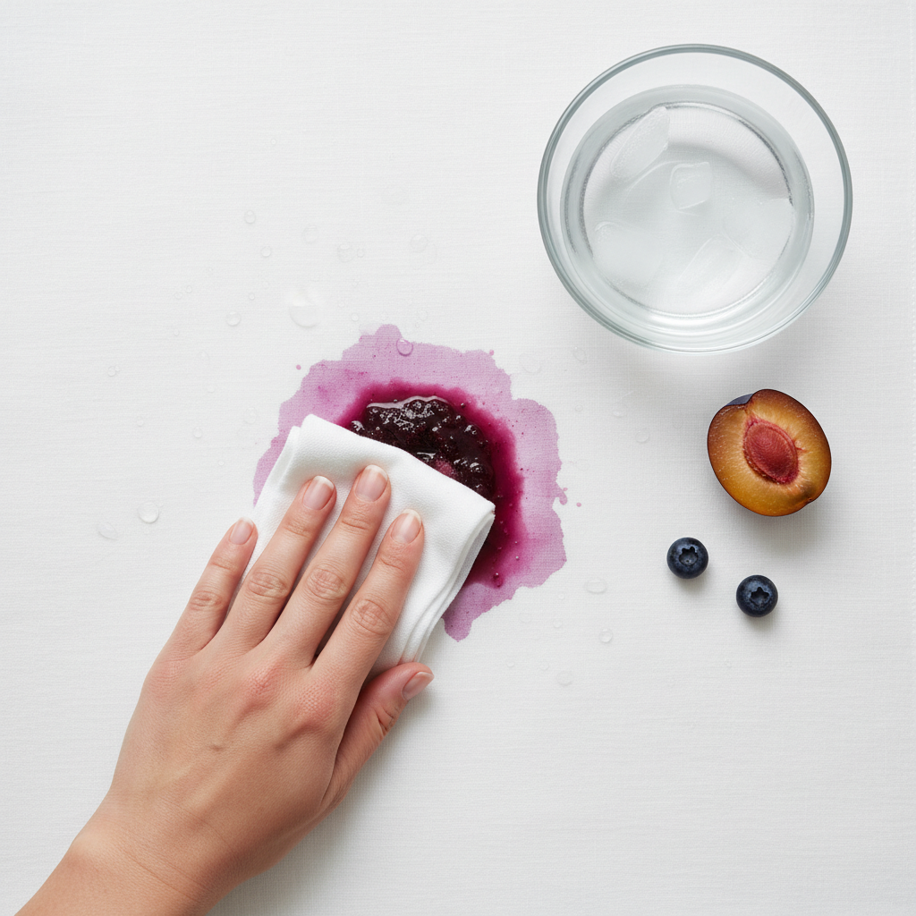 A crisp, bright top-down professional photo or highly realistic illustration capturing the immediate action of treating a fresh plum stain. A hand with clean fingernails is gently dabbing a fresh, vivid purple plum stain on a pristine white fabric (like a cotton shirt or linen tablecloth) with a soft, absorbent cloth. A small, clear glass bowl filled with cold water is visible nearby, suggesting its use. The image conveys urgency, gentleness, and the correct first steps for stain removal.