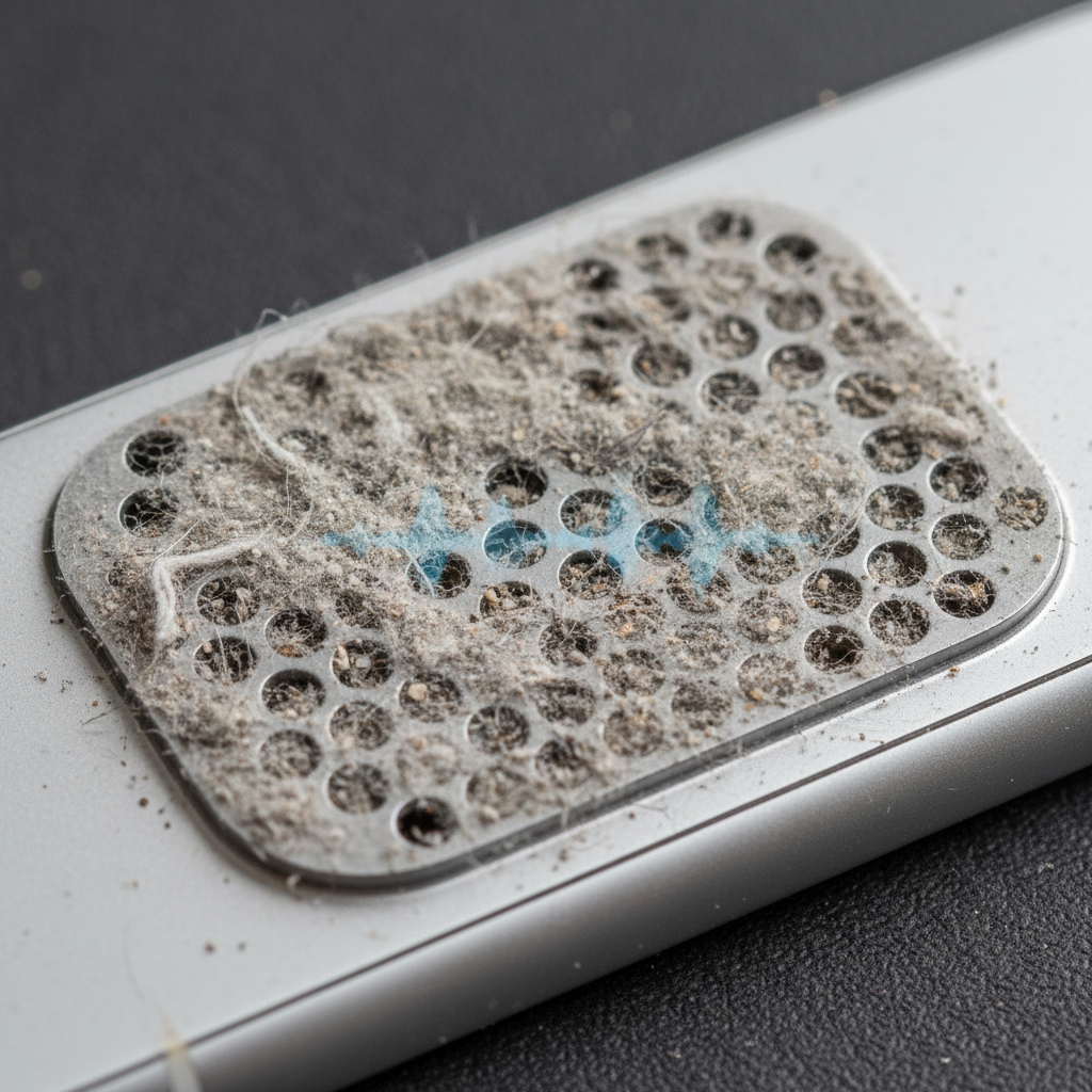 A detailed, macro-style professional photograph of an iPhone's bottom speaker grille. The grille should be visibly caked with a dense accumulation of dust, lint fibers, and tiny debris, making the openings appear clogged and muted. A faint, distorted sound wave graphic could subtly emanate from the speaker, illustrating the muffled audio problem. The focus is sharp on the obstructed grille, emphasizing the visual impact of accumulated grime.