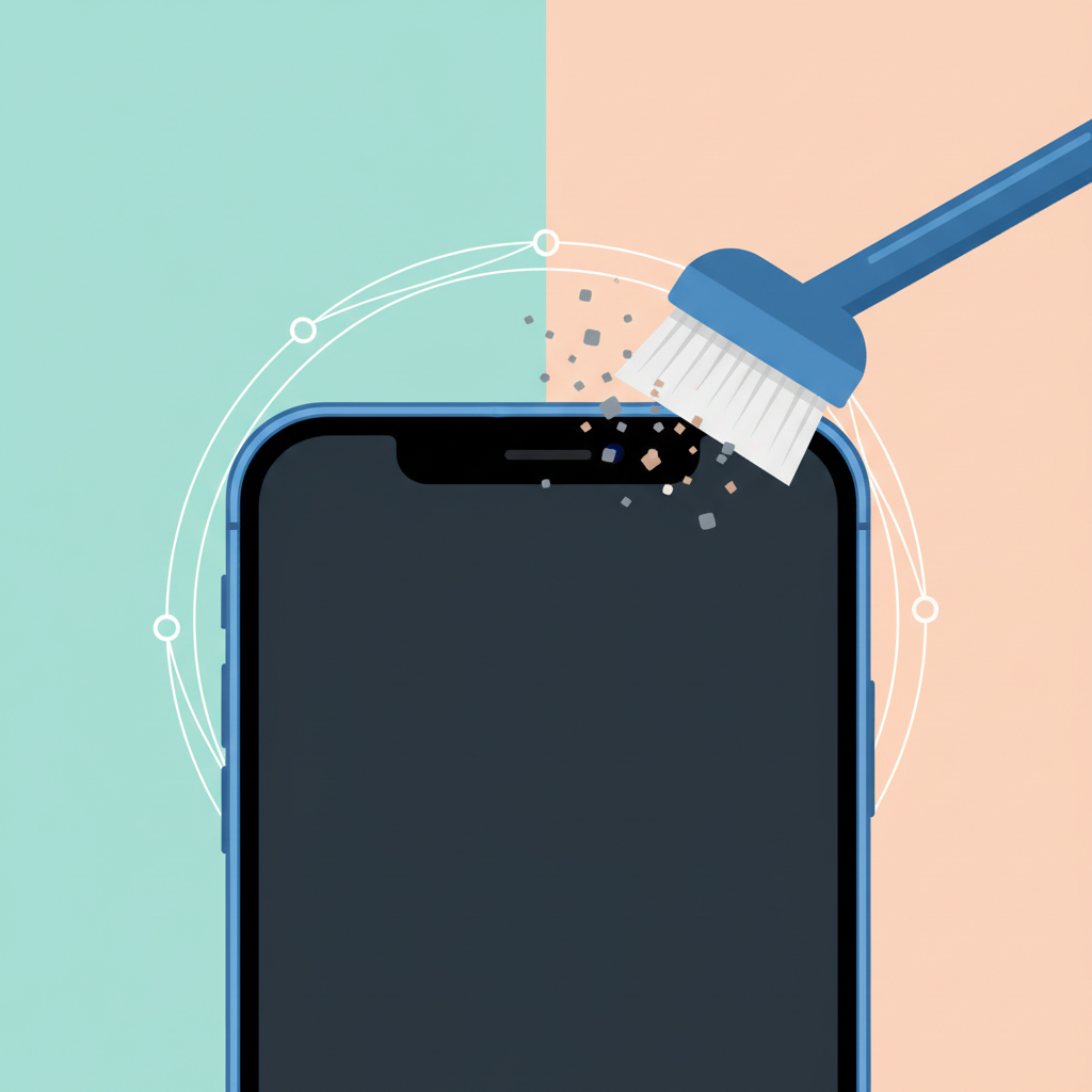 A vibrant, flat illustration depicting an iPhone's speaker being carefully cleaned. The illustration shows a modern iPhone, with a soft, fine-bristled cleaning brush (like a specialized electronics brush) gently sweeping across the speaker grille. Stylized, tiny particles of dust and lint are shown being dislodged and lifted away from the grille, indicating the cleaning action. The background is clean and minimalistic, highlighting the cleaning process.