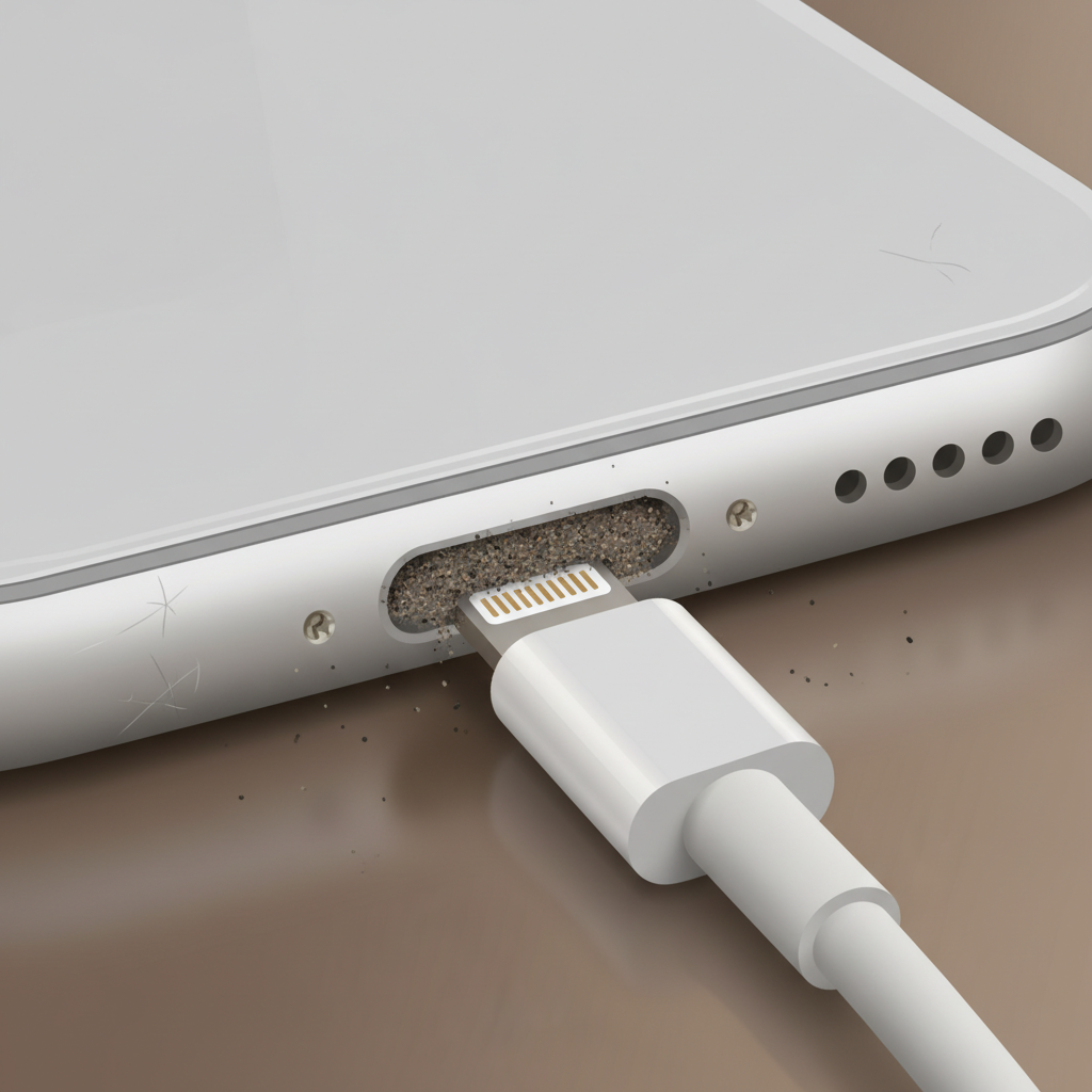 A close-up, slightly magnified view of an iPhone's Lightning charging port. The port is visibly obstructed by a clump of dust, lint, and small debris, filling a significant portion of the opening. A standard white Lightning charging cable's connector is attempting to plug in but is clearly not fully inserted due to the blockage, creating a small, noticeable gap between the phone's casing and the cable connector. The background is blurred, focusing entirely on the port and the partially inserted cable. Style: High-definition, realistic digital illustration with a clean, modern aesthetic, emphasizing the obstruction.