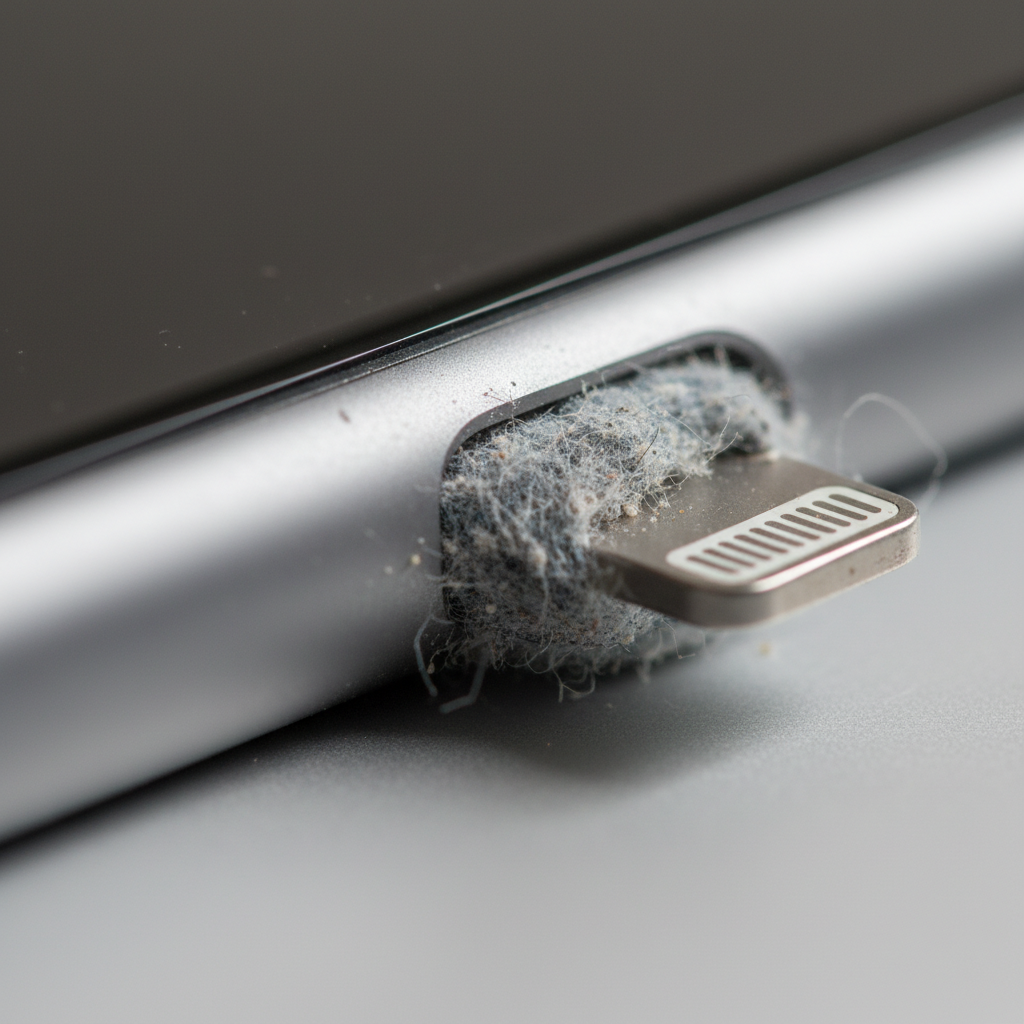 A detailed, hyper-realistic macro photograph or digital illustration showing a close-up, slightly angled view into an iPhone's Lightning charging port. The port is clearly obstructed with a dense accumulation of gray lint, dust, and small debris, visibly preventing a proper connection. A metal charging cable end is partially inserted, but the debris is pushing it out, highlighting the blockage. The surrounding iPhone body is subtly visible and clean, drawing all attention to the dirty port. The lighting should be sharp, emphasizing the texture of the lint.