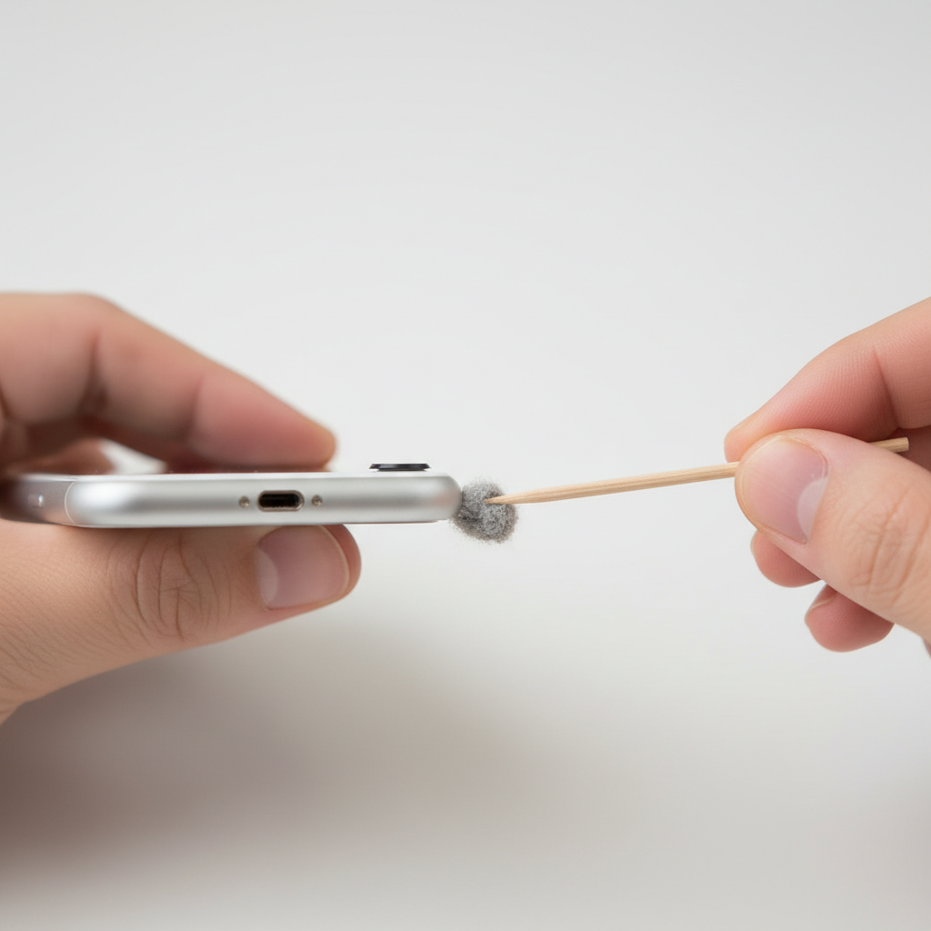 A clean, professional studio photograph or a modern, minimalist digital illustration depicting a pair of hands carefully cleaning an iPhone's Lightning port. One hand gently holds the iPhone, while the other uses a slender wooden toothpick to meticulously extract a visible clump of gray lint and dust from the charging port. The background is a soft, uncluttered light surface, ensuring the focus remains entirely on the precise cleaning action and the tools involved. The scene should convey a sense of careful maintenance and simple effectiveness.