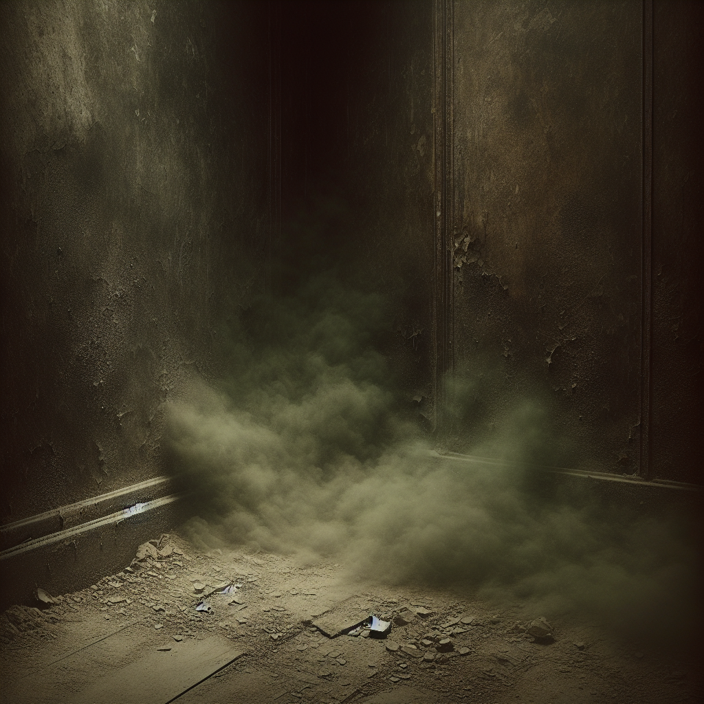 A dark, dusty corner of a room, with a subtle, unpleasant greenish-brown vapor visibly emanating from a barely visible crack near the floor. The air looks heavy and stagnant, conveying a strong, persistent foul odor, hinting at a hidden source of decay. Realistic, slightly unsettling atmosphere.