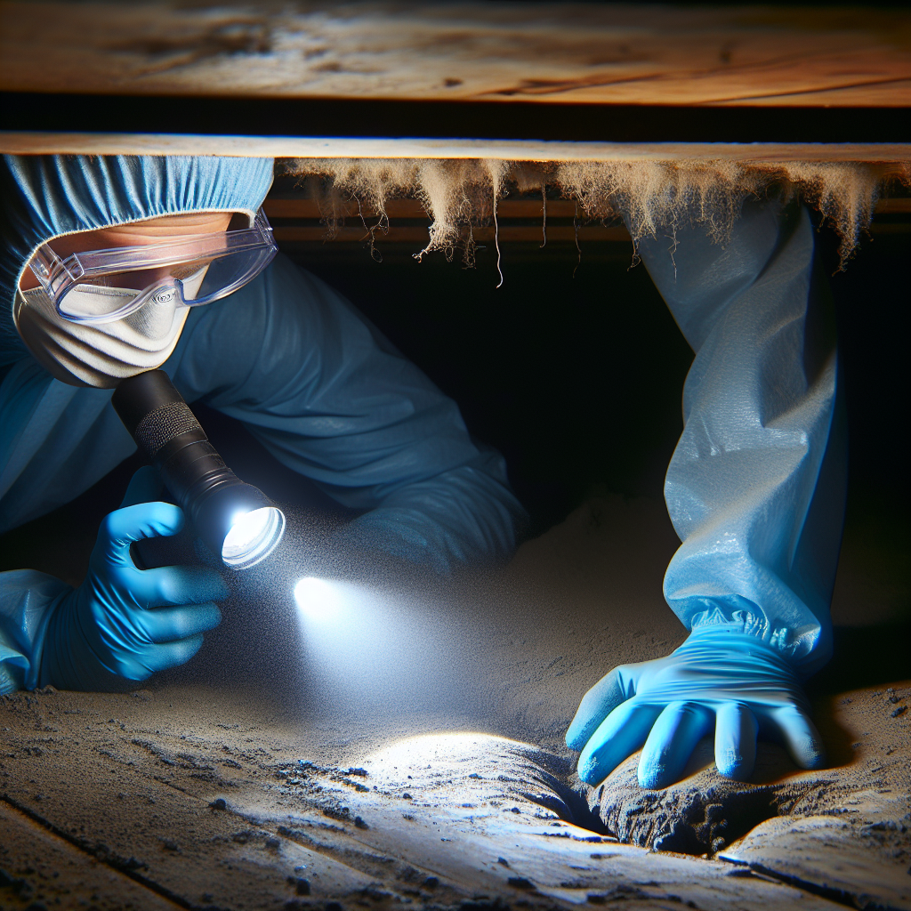 A person, wearing blue nitrile gloves and a protective face mask, cautiously peers into a dark, dusty, narrow crawl space under floorboards. A flashlight beam cuts through the gloom, illuminating a shadowy, unsettling shape that suggests a hidden, deceased animal. The air visibly shimmers with an unpleasant odor. High detail, realistic, slightly claustrophobic.