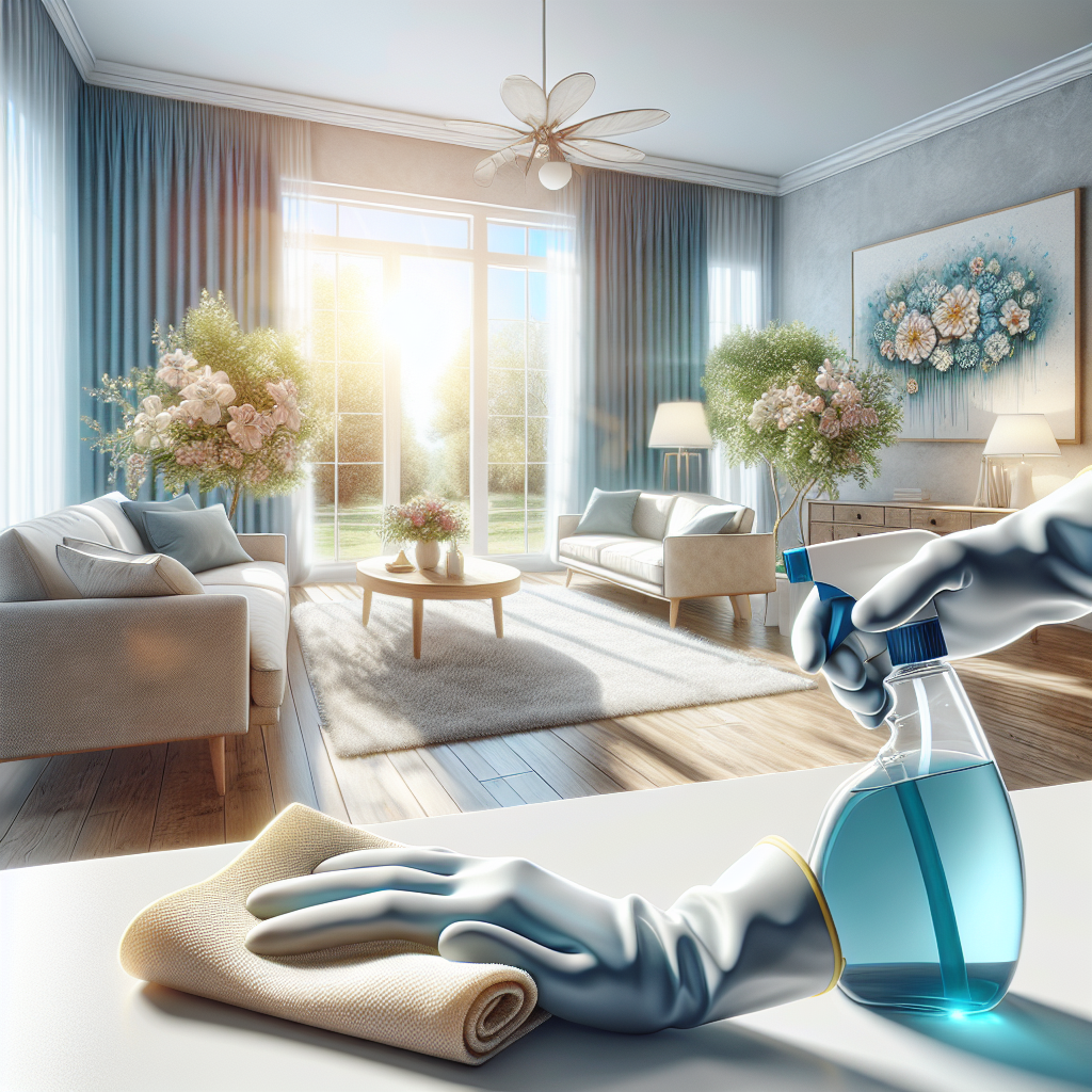 A sparkling clean, airy room with open windows, letting in bright sunshine and a gentle breeze. In the foreground, a pair of gloved hands is wiping down a surface with a fresh-smelling cleaner, a subtle hint of the previous unpleasant odor being completely gone. A vase of fresh flowers sits on a table, symbolizing complete freshness and cleanliness. Realistic, bright, inviting atmosphere.