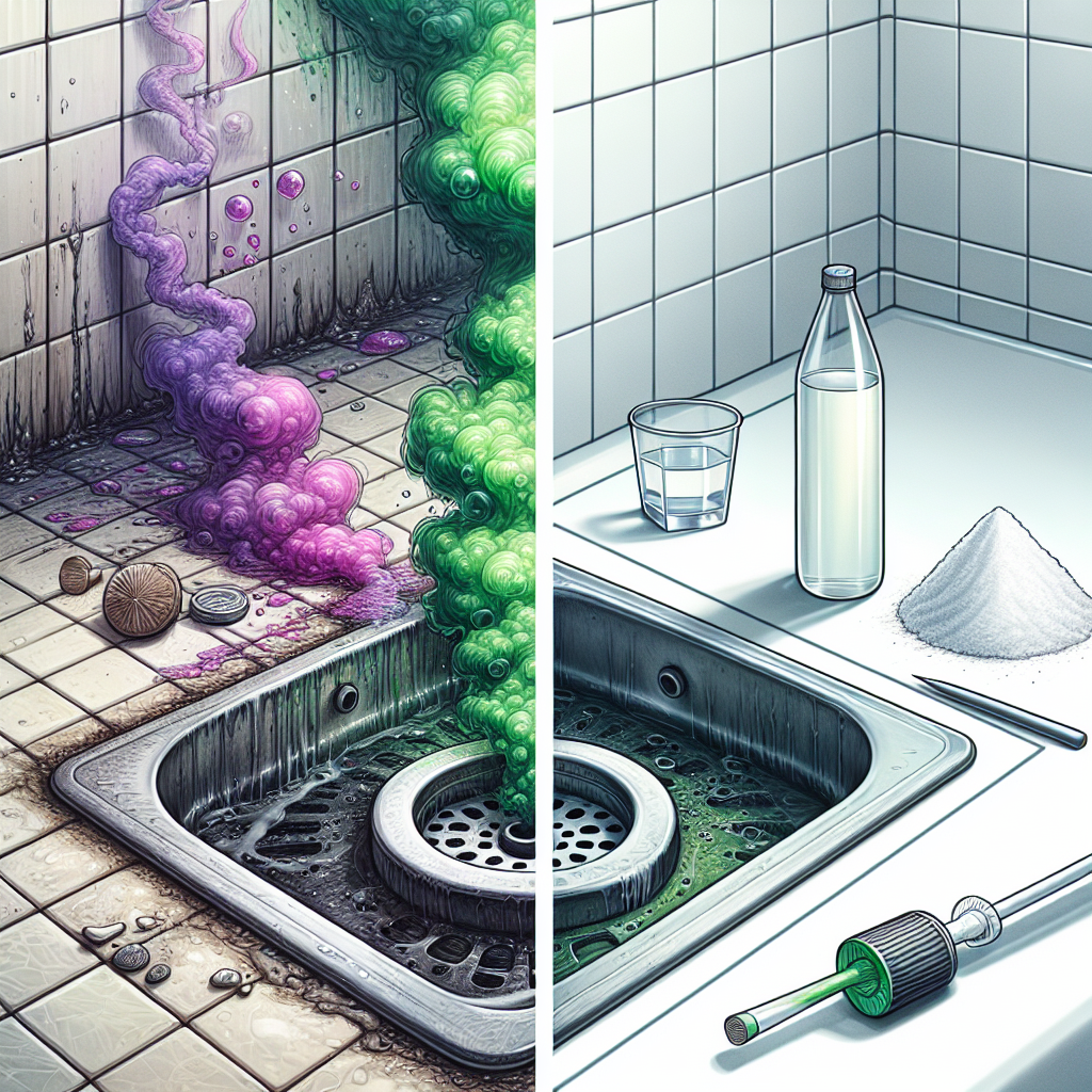 A split image or diptych: on the left, a close-up of a shower drain with unpleasant, swirling green or purple vapor emanating from it, suggesting a foul odor and grime. On the right, the same shower drain is sparkling clean and shiny, with a clear bottle of white vinegar and a small heap of baking soda powder neatly placed beside it, symbolizing effective odor removal. The background should be a modern, clean bathroom.