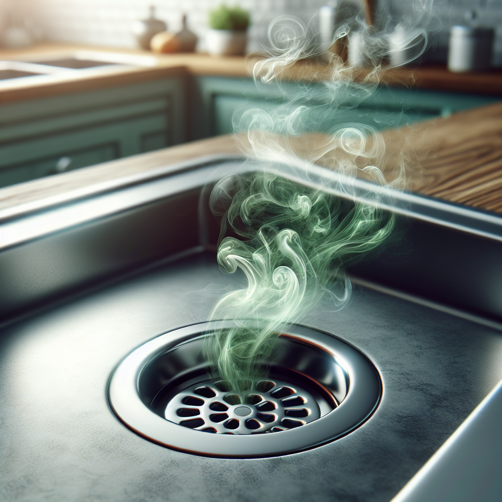 A close-up, high-detail shot of a modern kitchen sink drain, with a subtle, swirling greenish-brown vapor rising from it, symbolizing an unpleasant odor. The background is a clean, slightly blurred kitchen countertop, emphasizing the source of the smell. Realistic, slightly discomforting aesthetic, suitable for a blog article on drain odors.